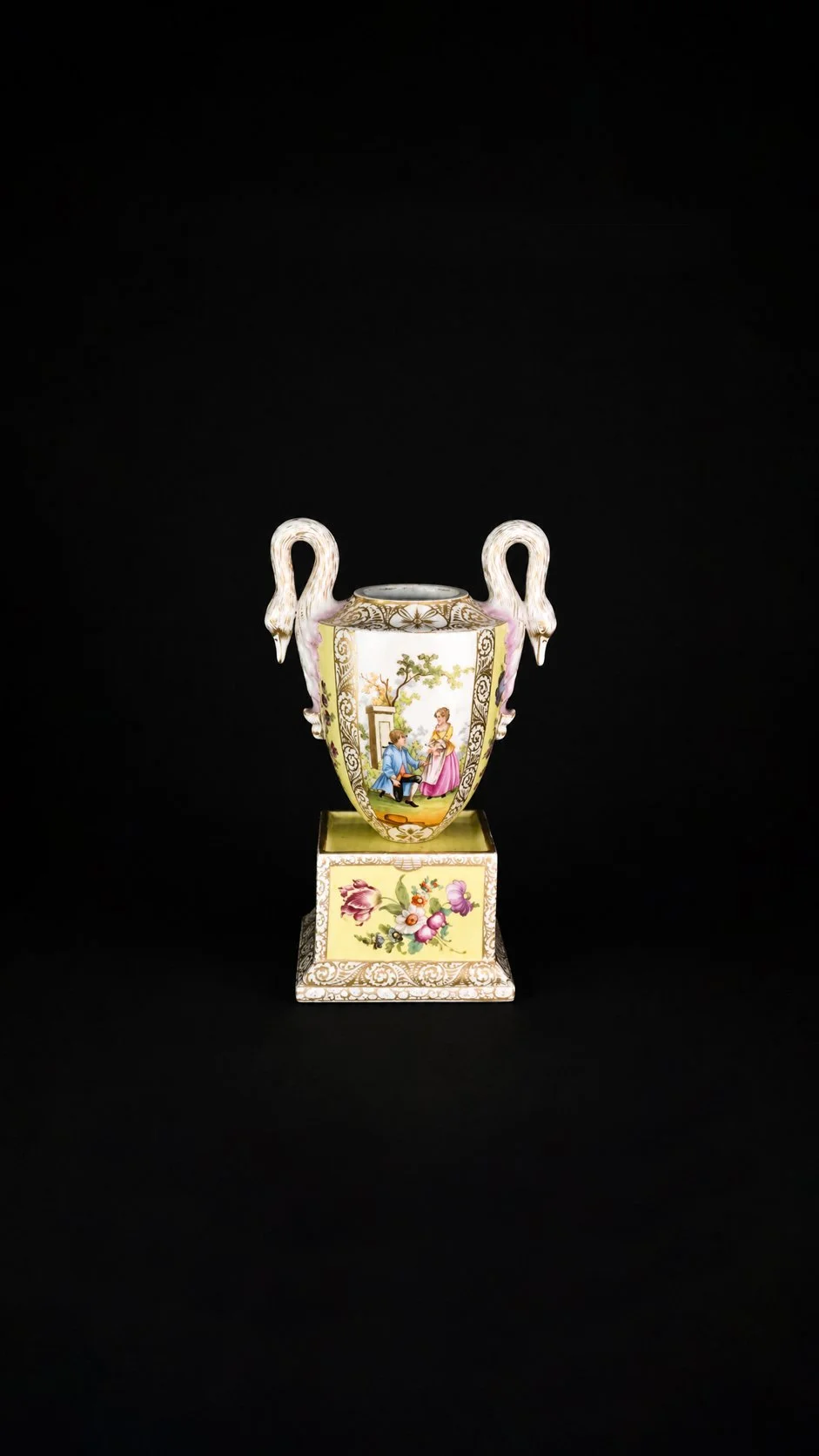 Dresden Rococo Swan-Handled Porcelain Urn on Pedestal Base