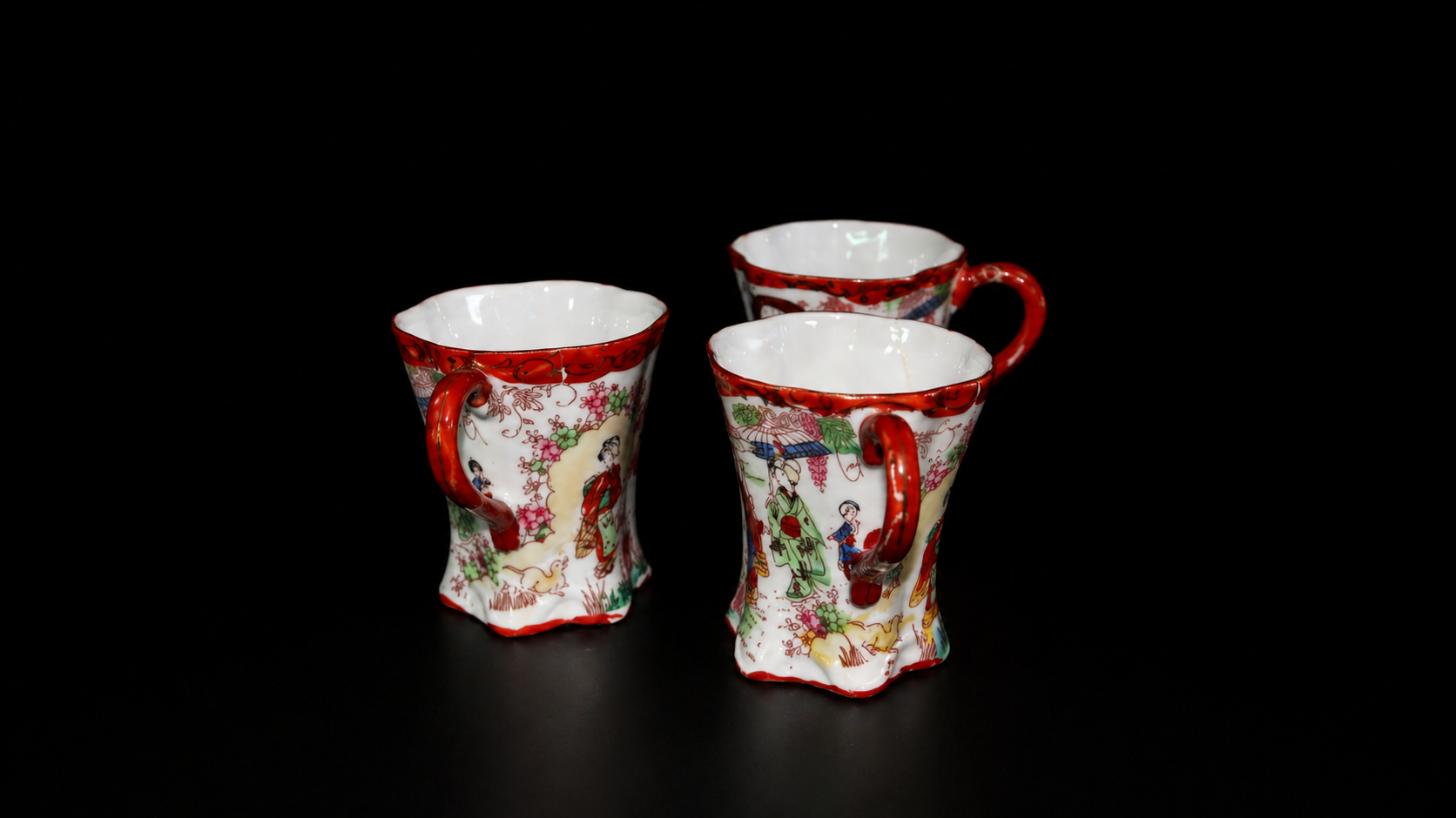 Japanese Hand-Painted Scarlet Geisha Porcelain Cups — Set of Three