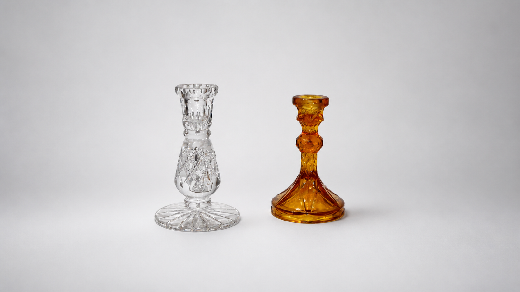 Vintage Clear & Amber Cut Glass & Crystal Candlestick Duo