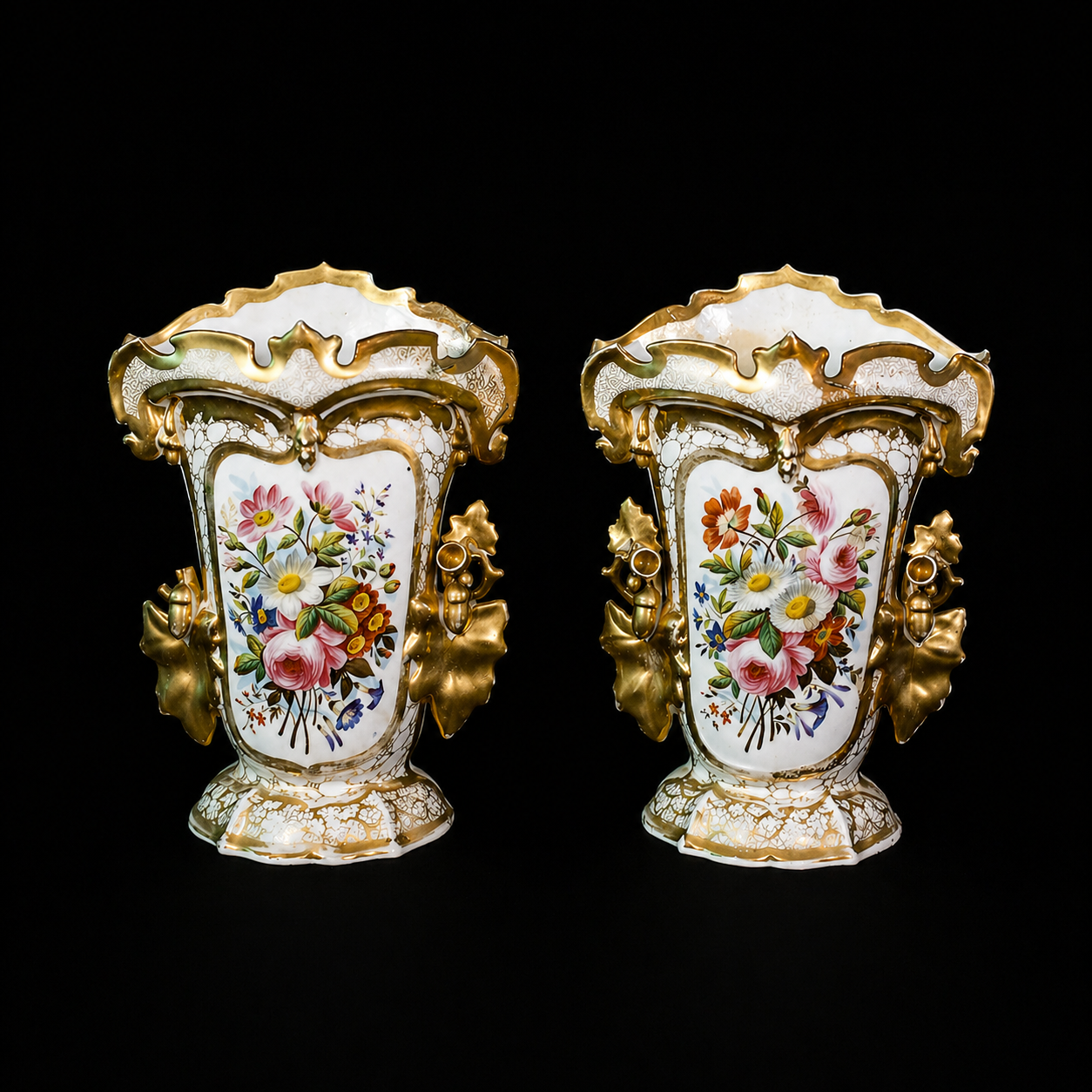 Pair of Antique Hand-Painted Porcelain Mantel Vases with Gilt Rococo Mounts