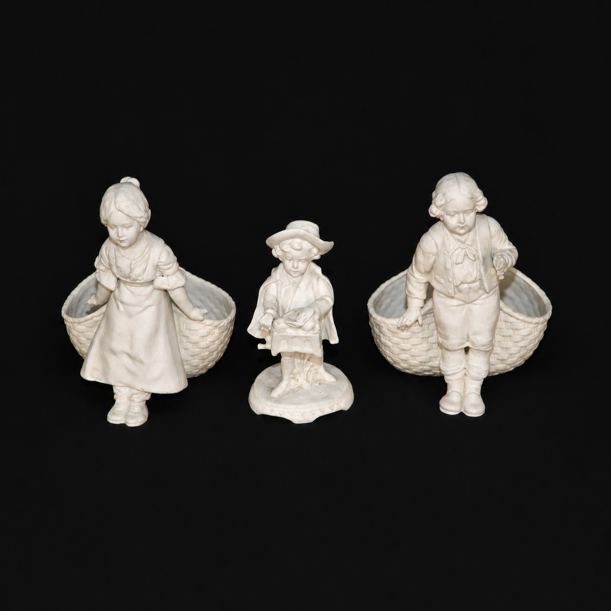 Antique German Bisque Porcelain Figural Basket Trio