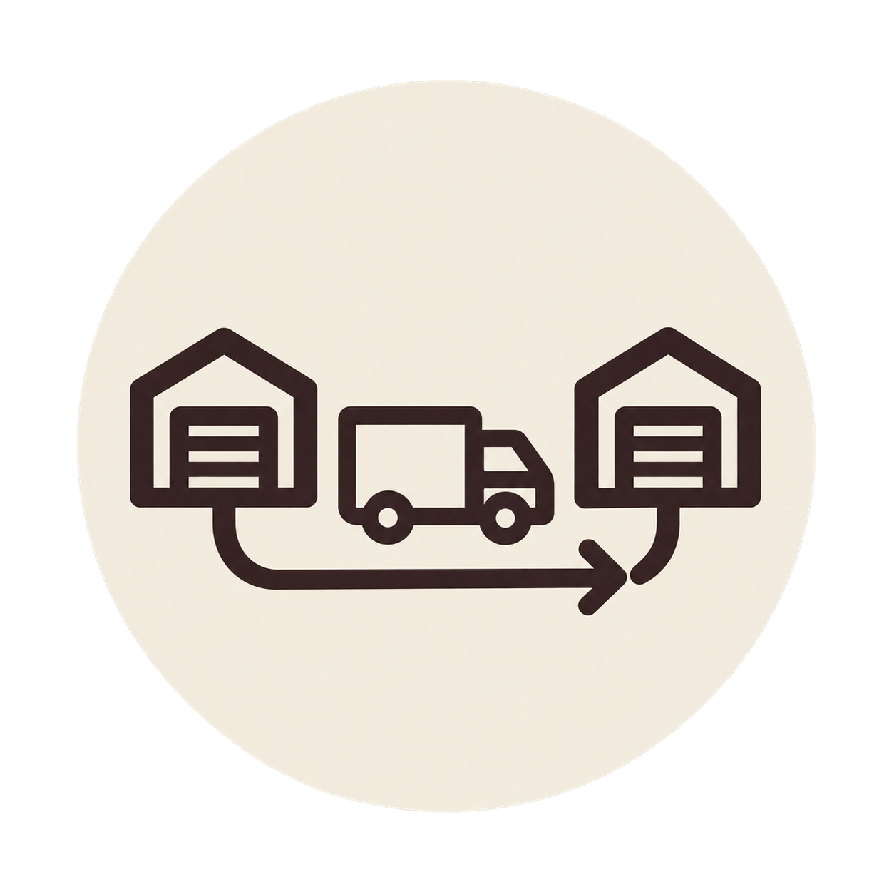 Icon showing a delivery truck moving between two houses with curved arrows indicating a round trip.
