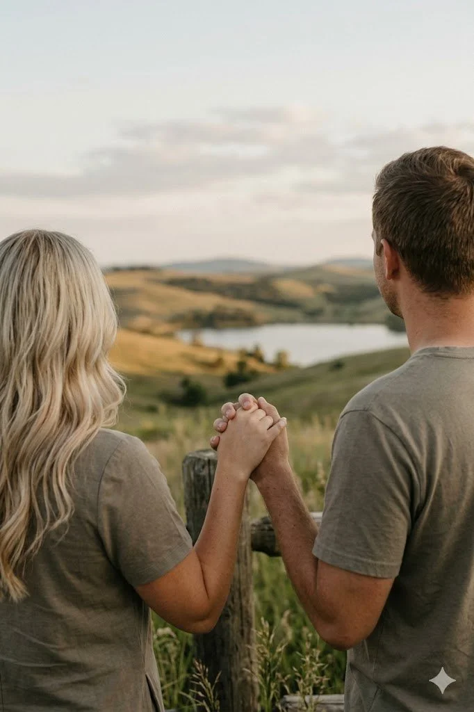 A couple holding hands and facing a scenic landscape with rolling hills, a body of water, and a cloudy sky during sunset.