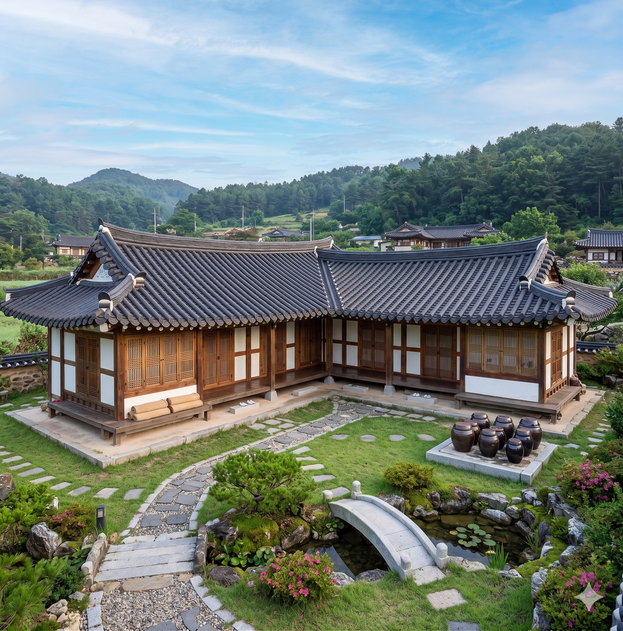 Traditional Korean hanok house with a curved tiled roof, surrounded by a landscaped garden with stone pathways, potted jars, and a small pond.