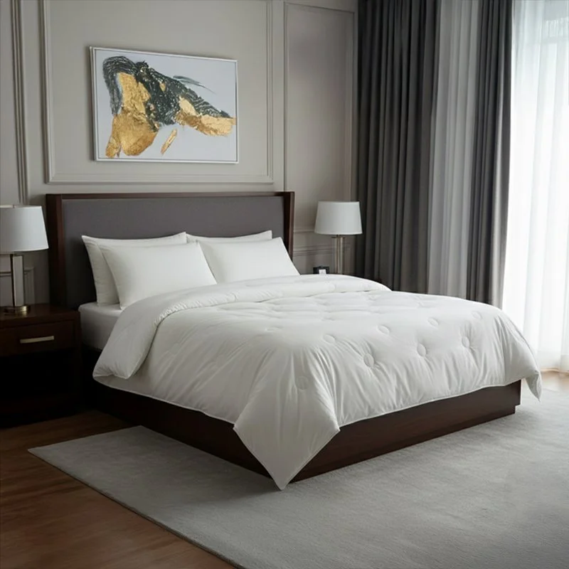 Modern bedroom with a neatly made bed, white bedding, two pillows, side tables with lamps, a large abstract artwork above the bed, and a window with curtains in the background.