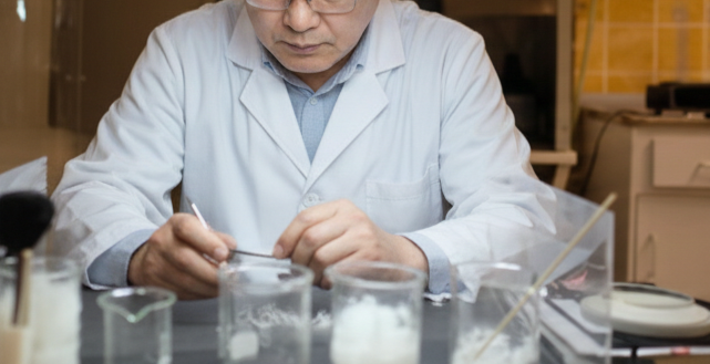 Scientist working in a laboratory with glass beakers and test tubes.