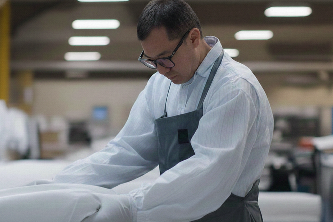 A man wearing glasses, a white shirt, and an apron working with white fabric in a factory setting.