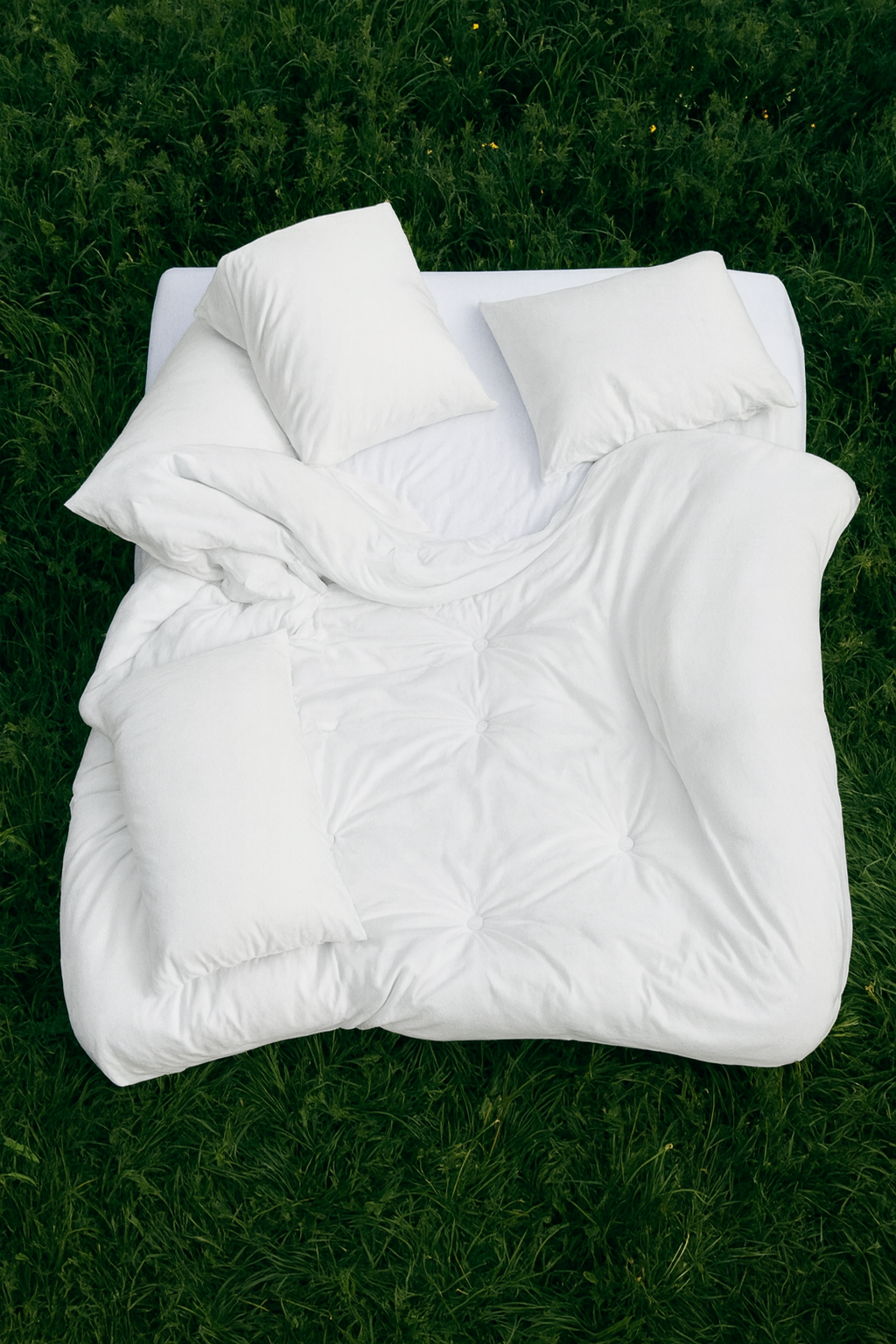 A white bed with pillows and blankets outside on green grass.