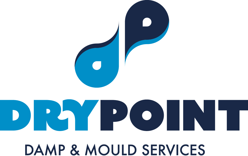 Logo for Dry Point Damp & Mould Services featuring a stylized water drop with shades of blue above the company name.