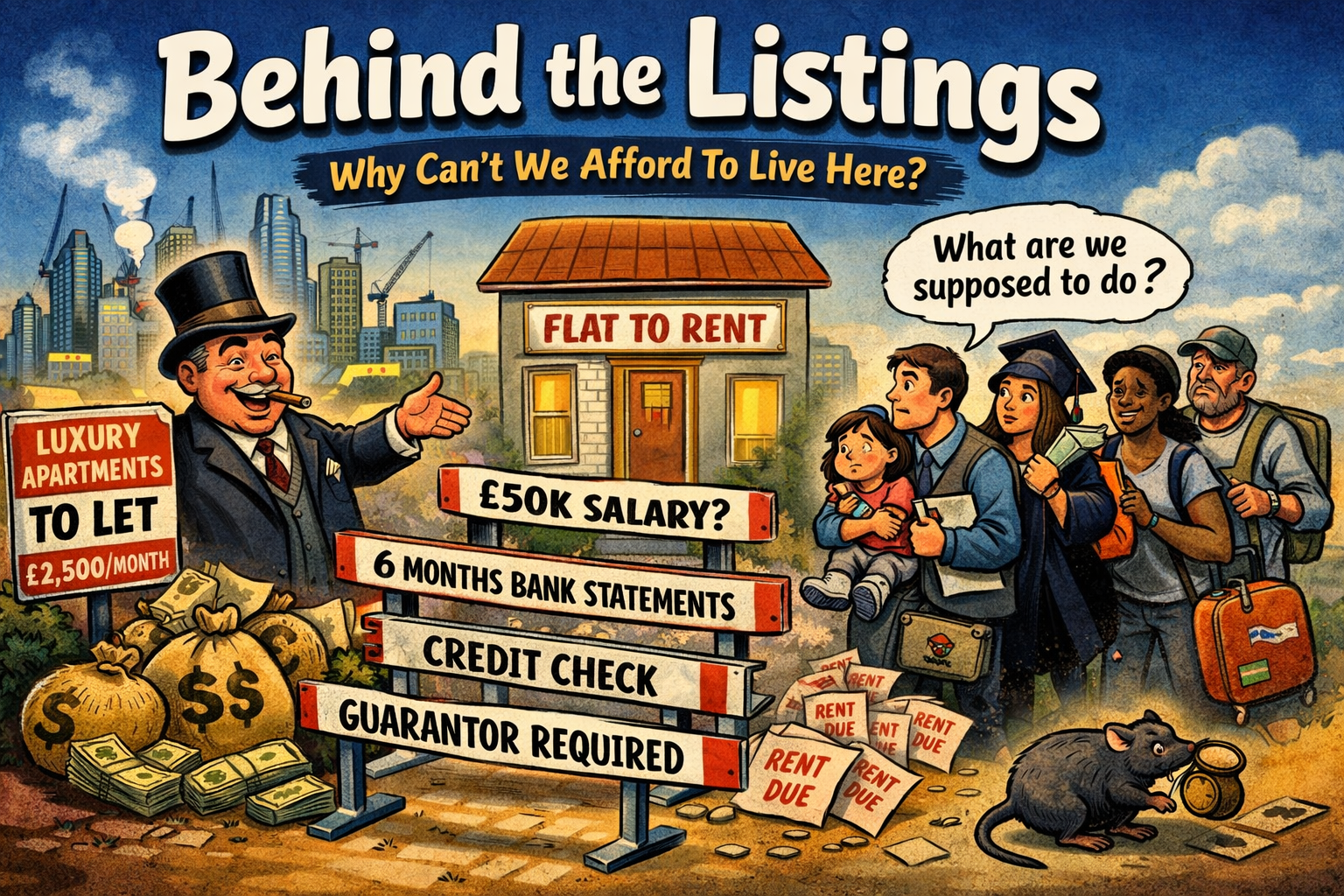 Cartoon illustration depicting a man in a tuxedo with a top hat and cigar, standing next to a sign advertising luxury apartments for rent at 2,500 pounds per month. In the background are city buildings, some under construction. To the right, a diverse group of five people, including a woman holding a child, appear worried about renting a property, with one person asking, 'What are we supposed to do?' A small rat is shown near the ground with a food bowl. Signs note rent to let, salary, bank statements, credit check, and guarantor requirements. The scene is titled 'Behind the Listings: Why Can't We Afford To Live Here?'