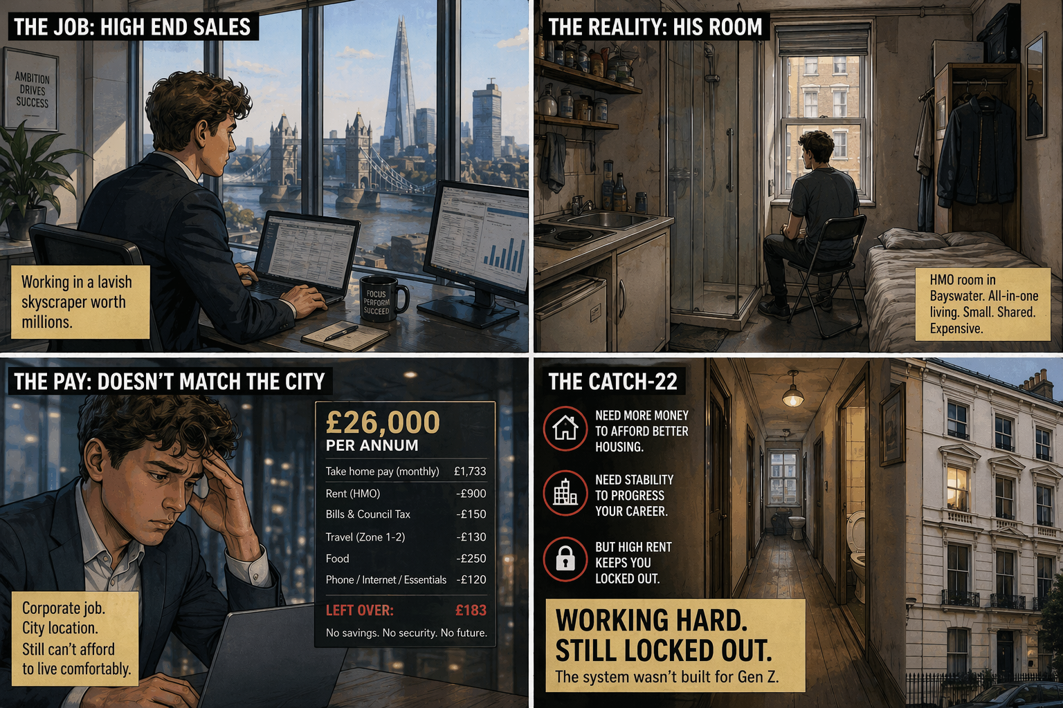 A four-panel comic illustrating the contrast between a successful career and challenging living conditions. The first panel shows a man working in a high-rise office with a city skyline, captioned "Working in a lavish skyscraper worth millions." The second panel depicts the same man in a small, shared apartment's bedroom, captioned "HMO room in Bayswater. Small, shared, expensive." The third panel displays a financial report indicating a high salary but insufficient savings, captioned "Corporate job. City location. Still can't afford to live comfortably." The fourth panel shows a rundown apartment building with a caption explaining that the system wasn't built for Gen Z, emphasizing that they work hard but remain locked out of better living conditions.