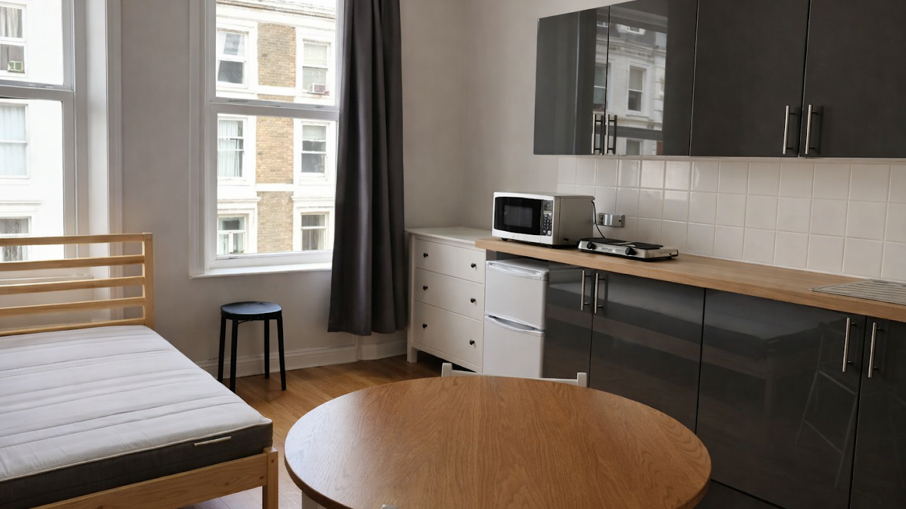 Studio apartment kitchen with a small dining table, bed, window with curtains, microwave, mini fridge, and kitchen cabinets.