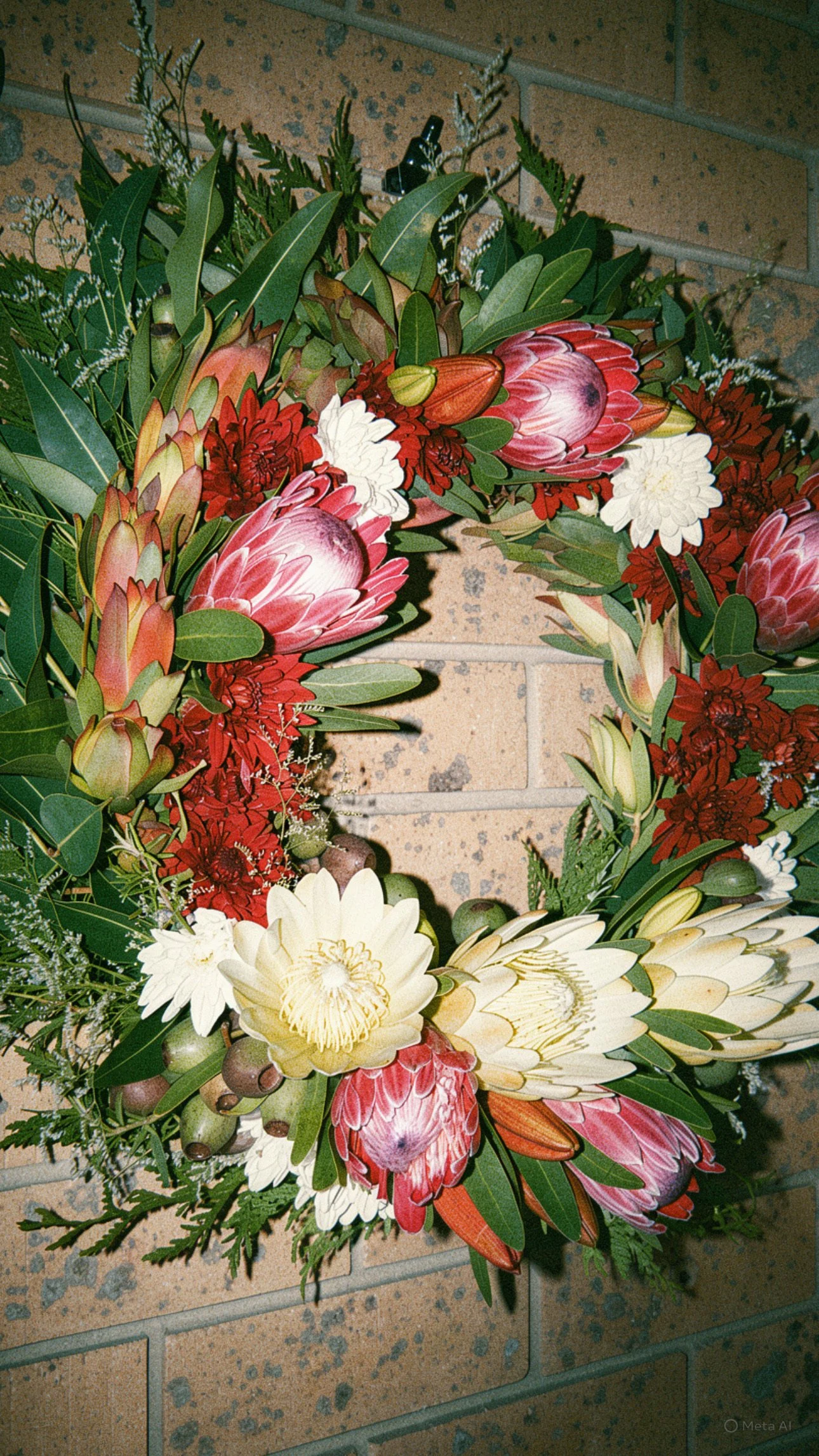 A floral wreath for Anzac Day, made with Australian native plants and flowers, mounted on a brick wall.