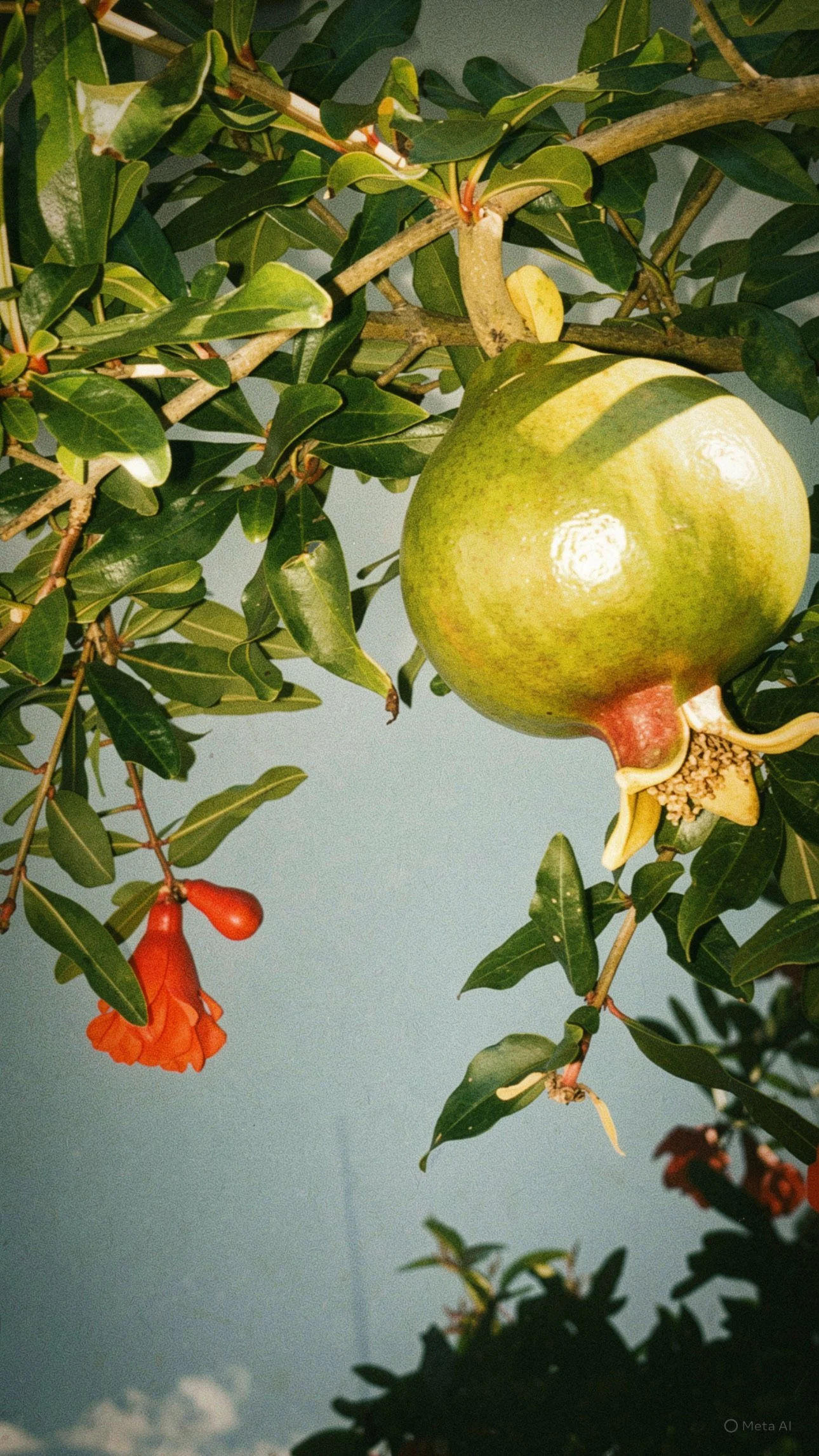 A pomegranate fruit growing on a branch with green leaves and blooming buds.