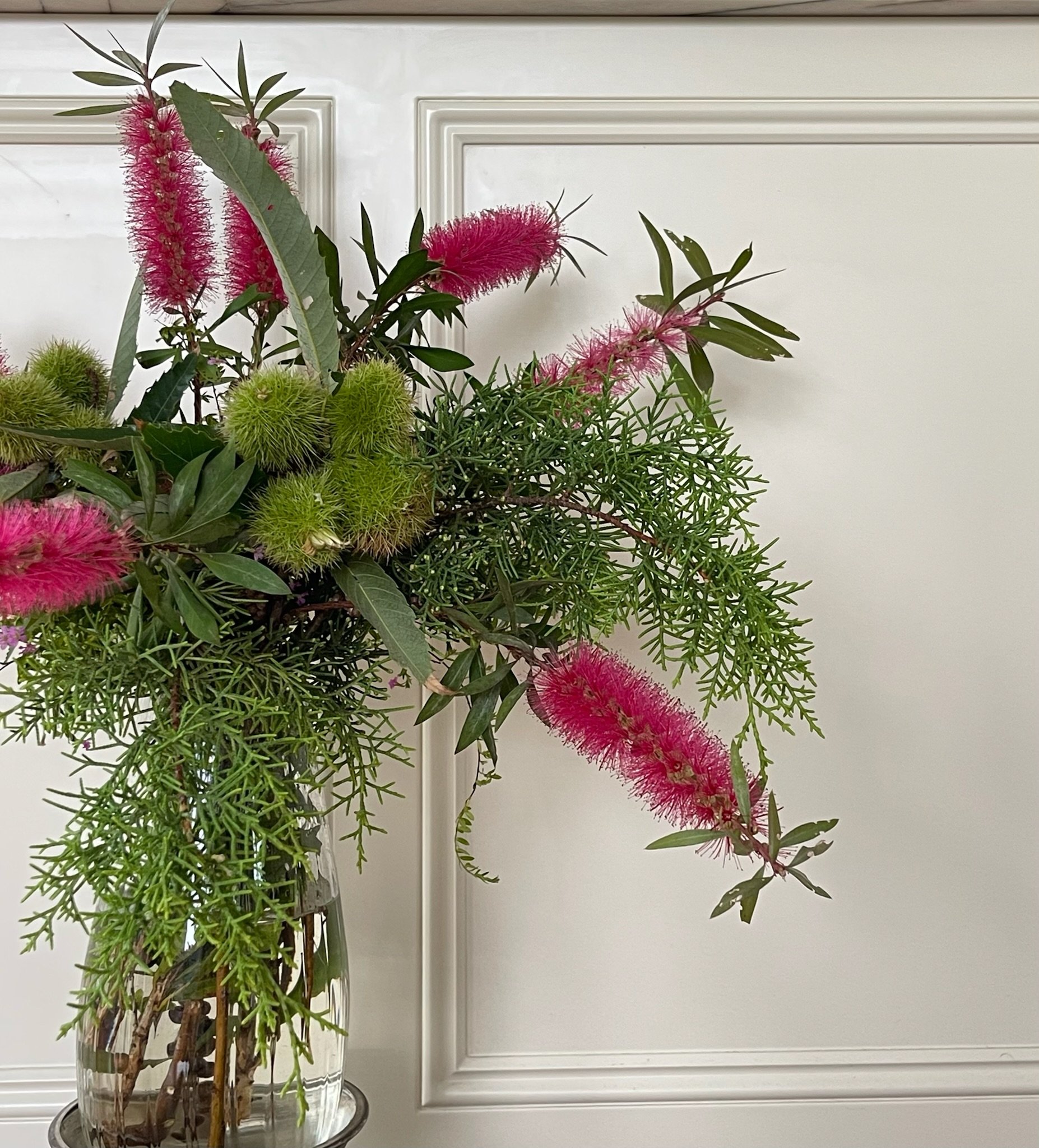 A tall clear glass vase containing various pink Australian natives and green fluffy foliage.