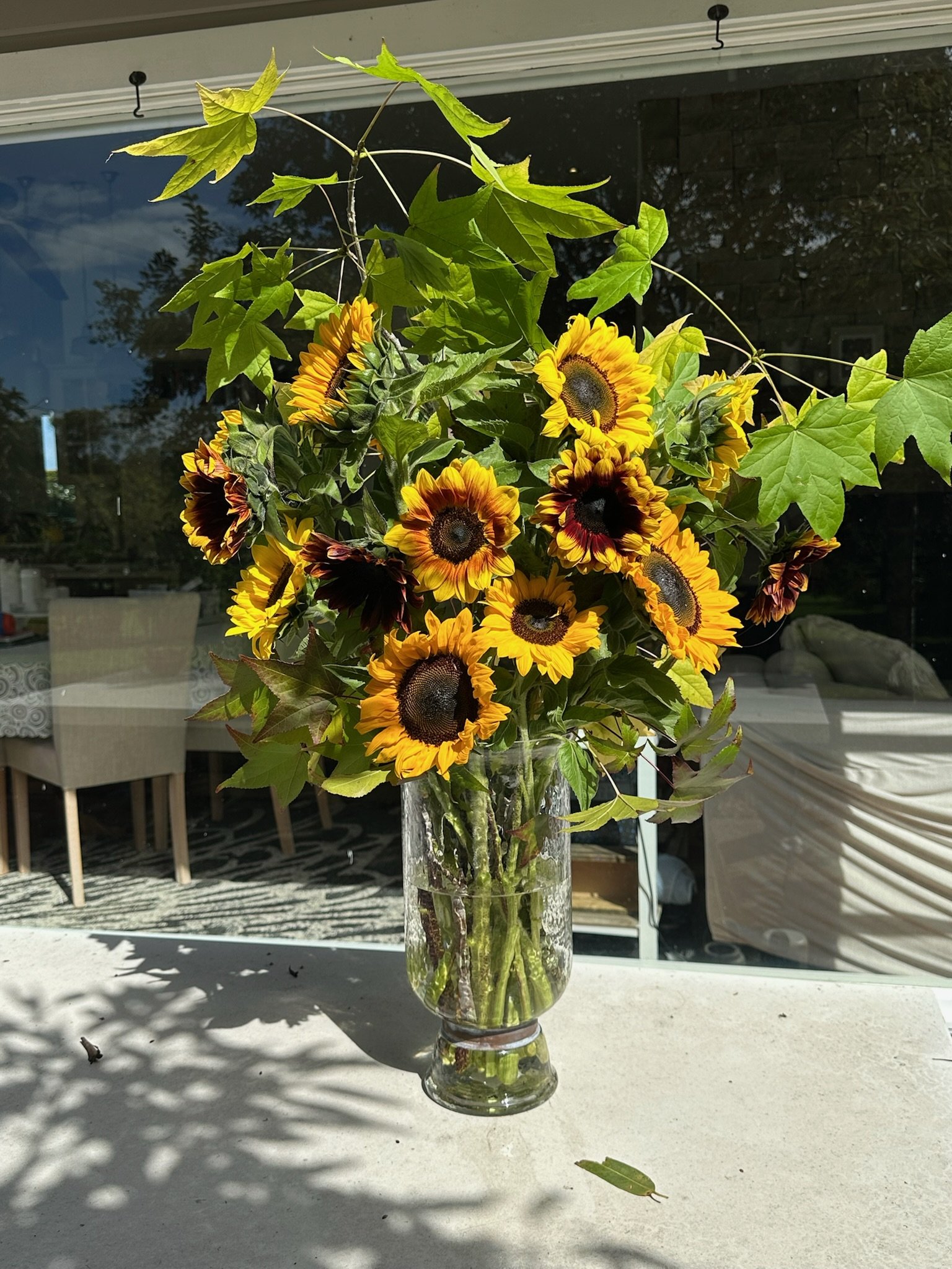 A bouquet of yellow and brown sunflowers and green leaves in a clear glass vase placed on a white table outside, with a patio and chairs in the background