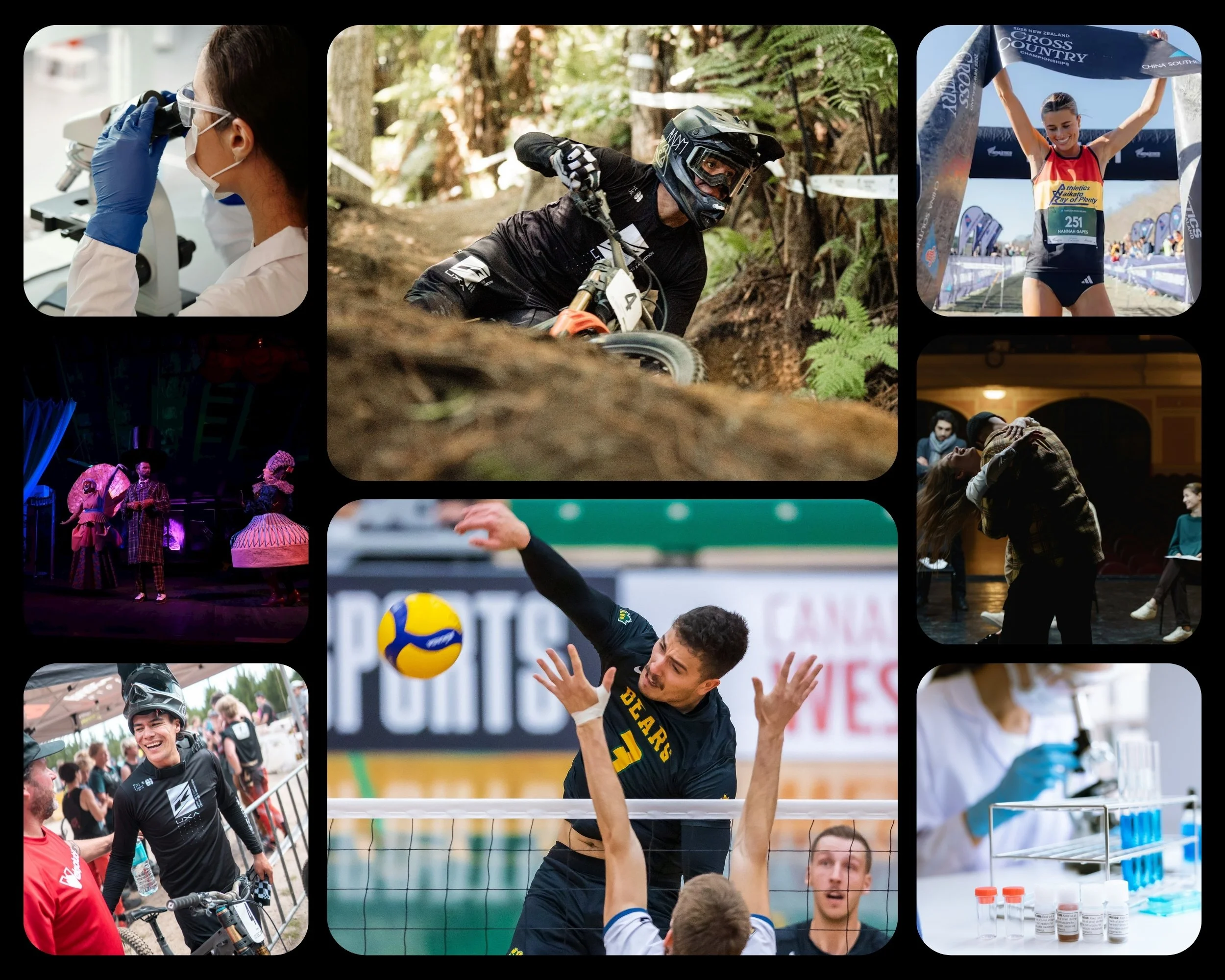 A collage of various sports and recreational activities, including a scientist working in the lab, a mountain biker riding through a forest, a female athlete crossing the finish line at a race, a couple dancing, a volleyball player spiking the ball, and a group of people socializing and listening to live music.