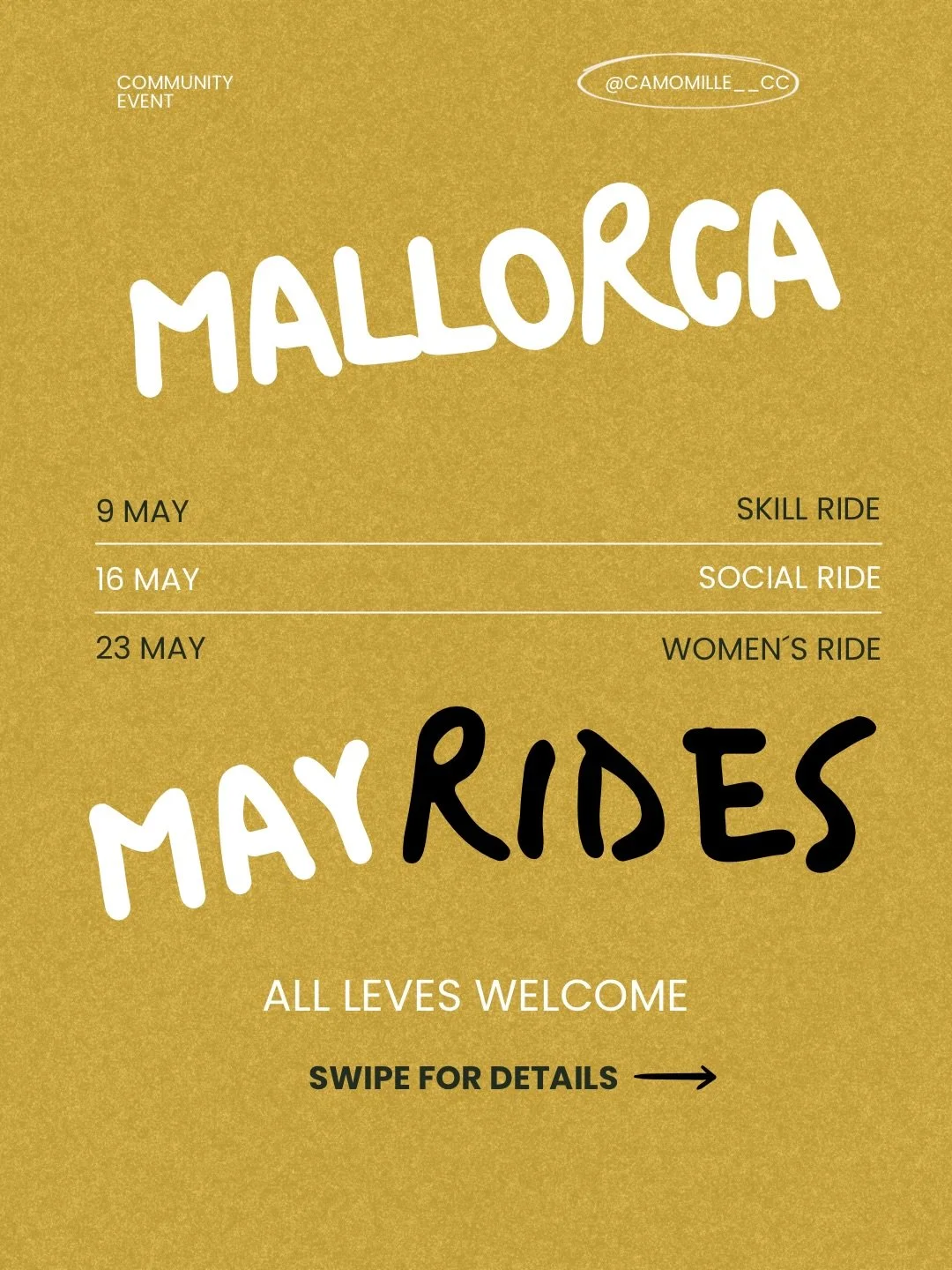 Mayo est&aacute; aqu&iacute; y nuestros rides listos para que vengas a disfrutar

📍Mallorca 

>> 09 MAYO | SKILL RIDE
Tips profesionales de t&eacute;cnica de Dei&agrave; a Port de Valldemossa. Bajar mejor, doblar con m&aacute;s confianza, fren