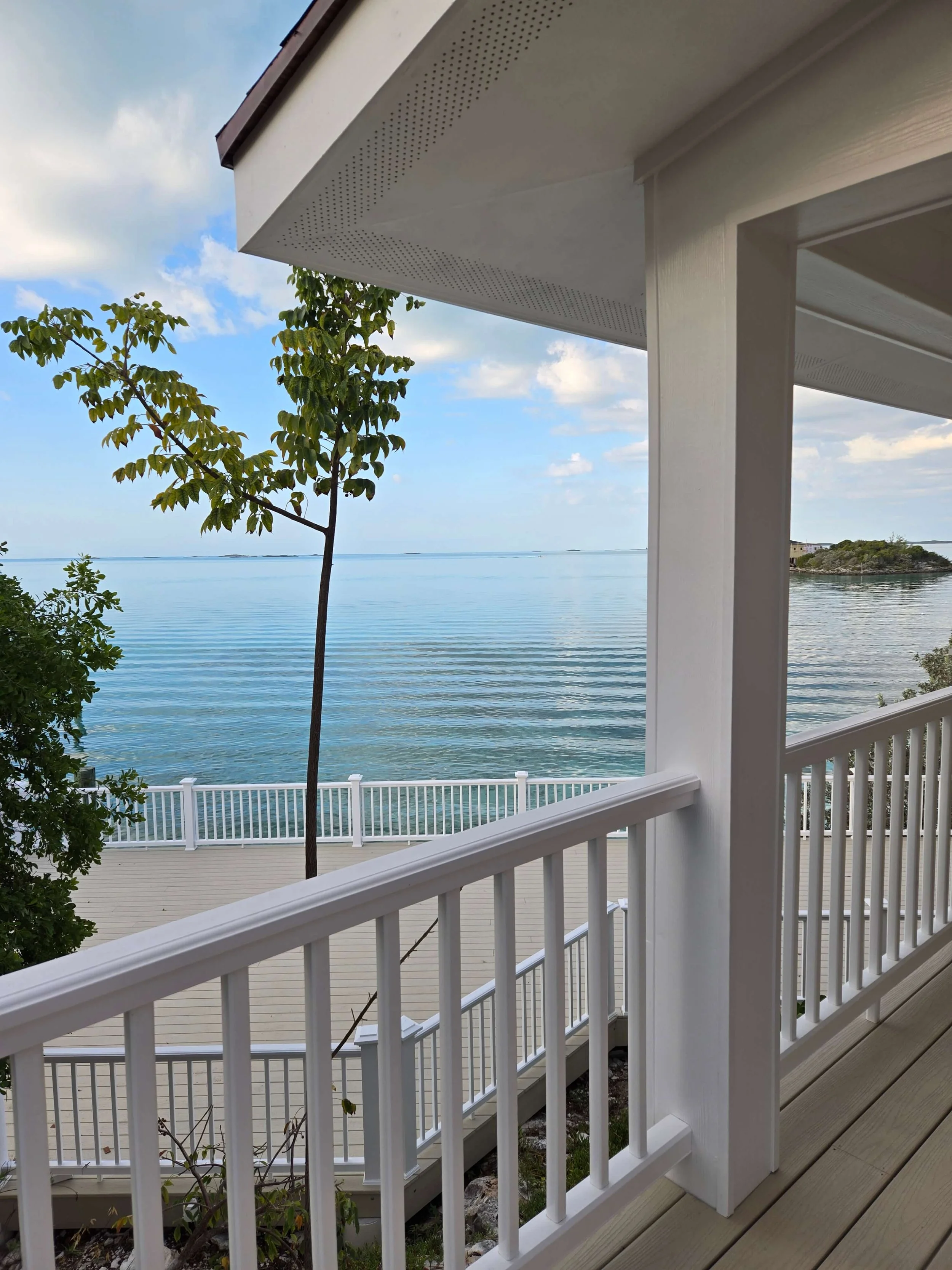 View from the Seaside balcony showing a white railing, a small tree, and the ocean
