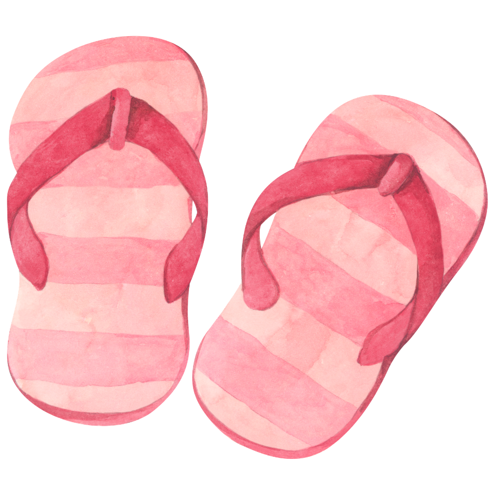 Watercolor illustration of pink striped flip-flops.