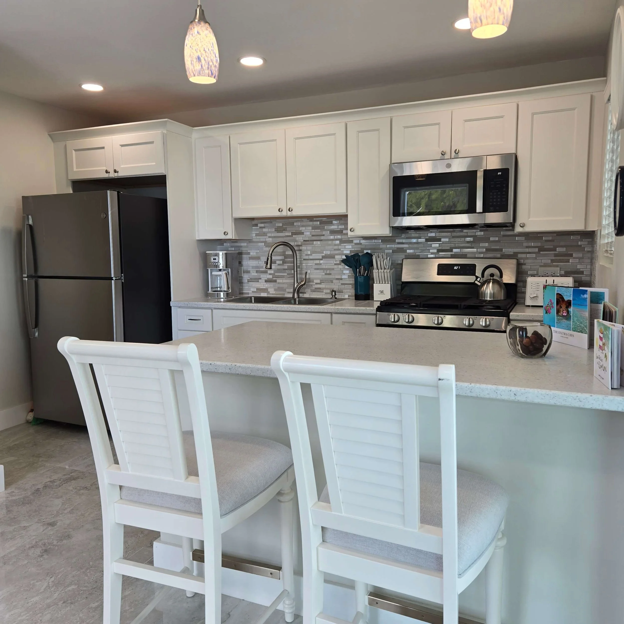 Sea Bean full kitchen inside cozy Staniel Cay vacation rental