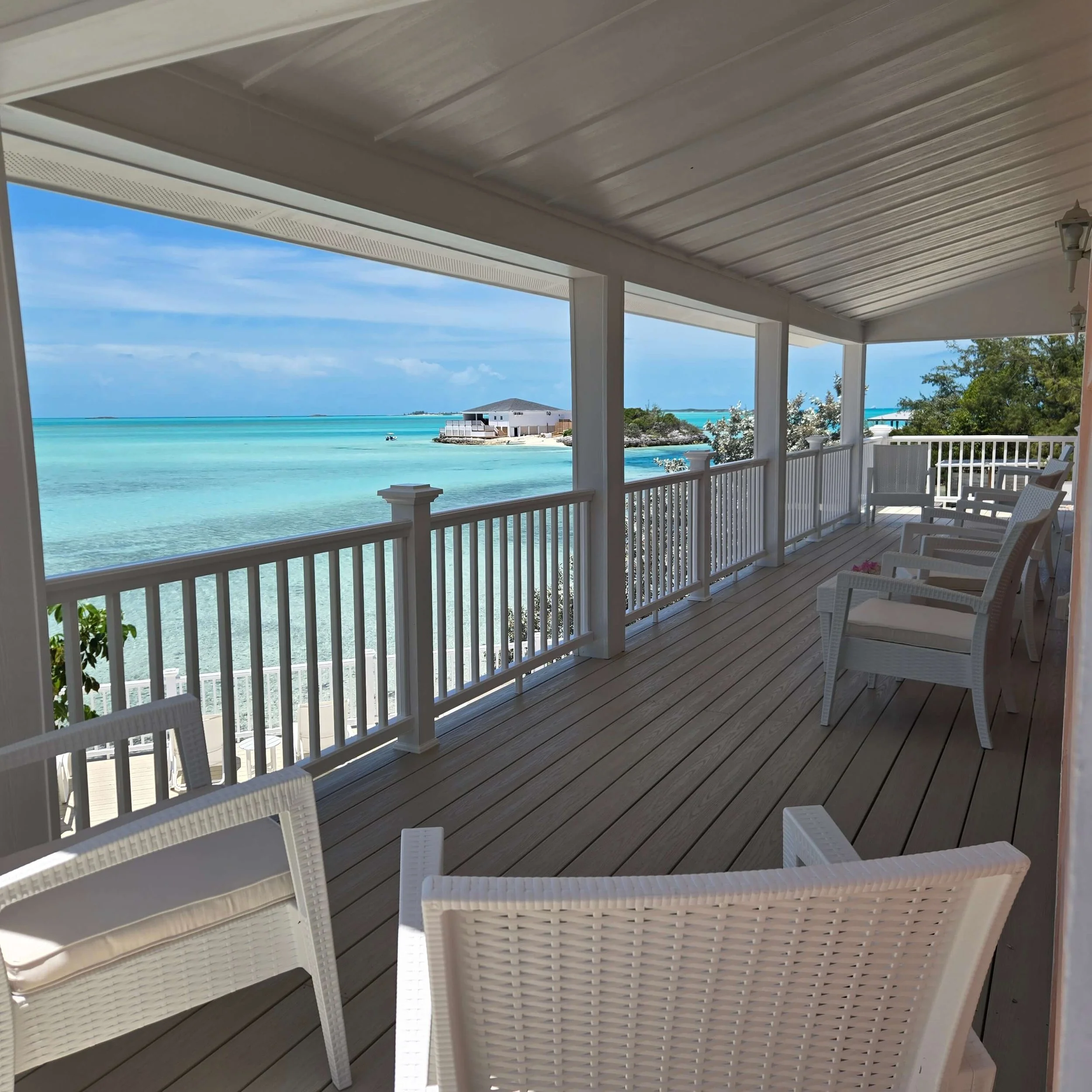 Sea Turtle balcony overlooking the waterfront deck in Staniel Cay