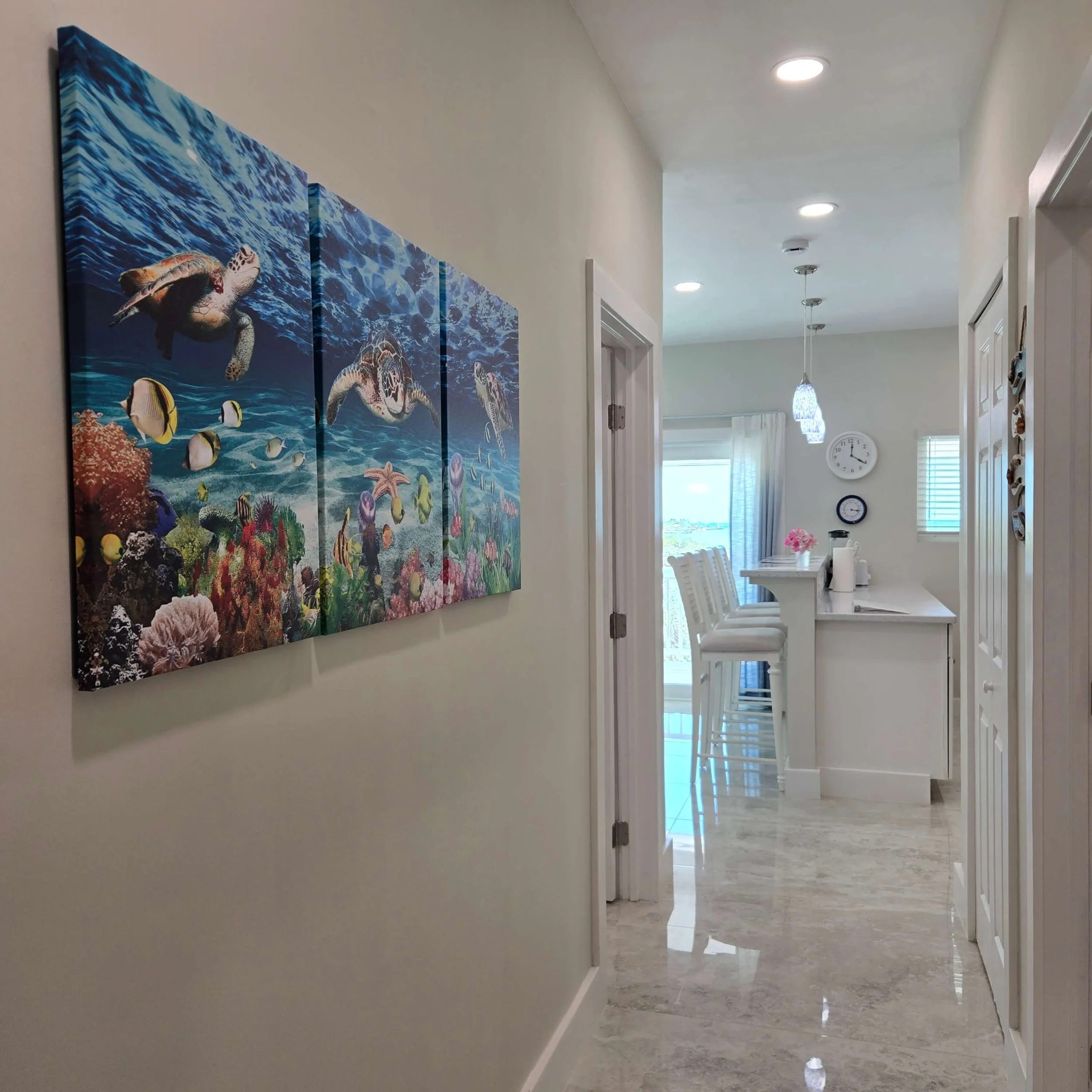 Interior view of a hallway leading to a bright room with a dining table and chairs, decorated with tropical-themed artwork on the wall, and ceiling lights.