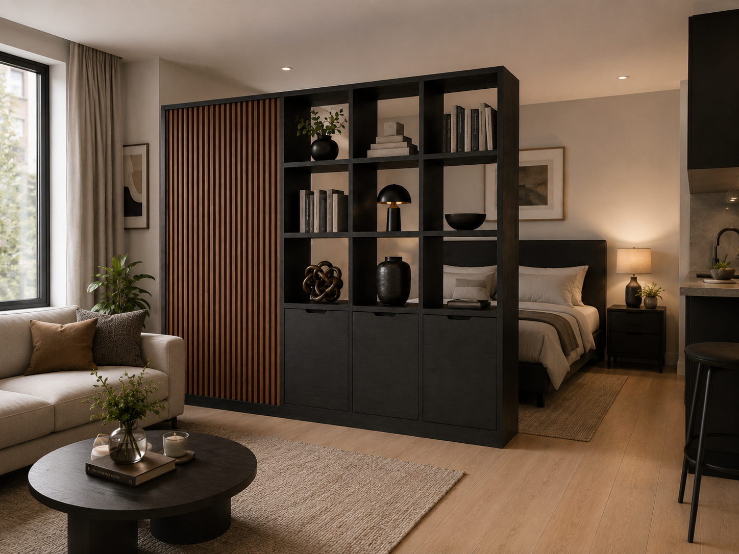 A smart divider for studio apartments and open-plan spaces. It creates a soft boundary between the living and sleeping area while keeping the room open, warm, and functional. The fluted wood section adds privacy, while the open shelves keep the space