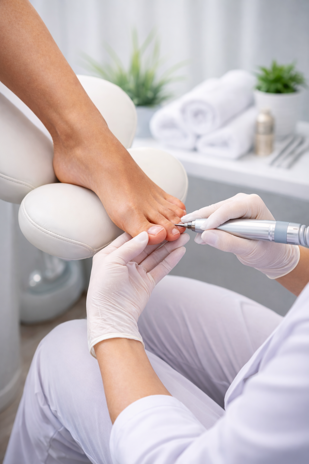 Een podoloog die een voet behandelt met een elektrisch apparaat in een kliniek met witte handdoeken en planten op de achtergrond.