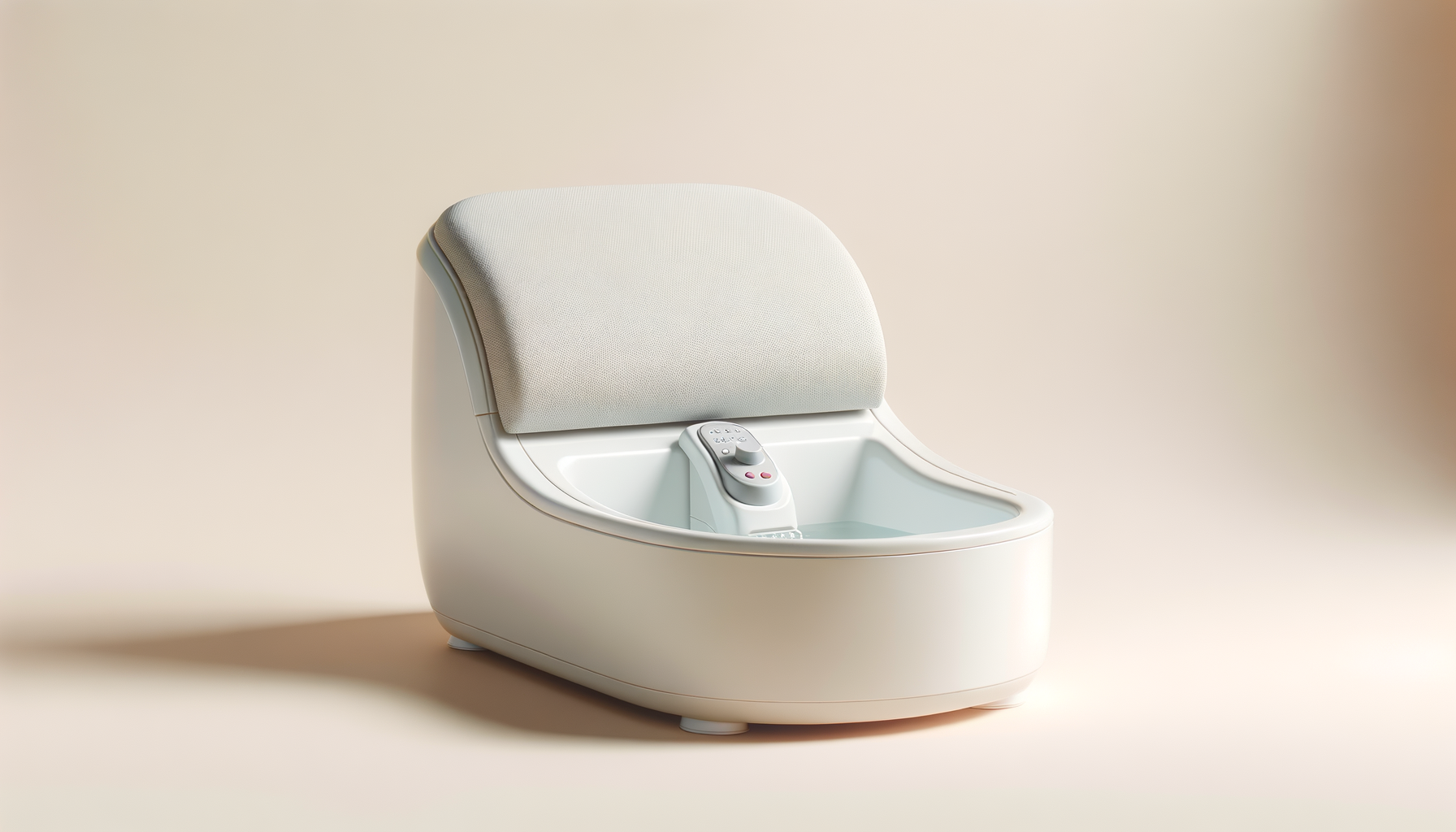 Een futuristische ligstoel met een ingebouwd bedieningspaneel en bekleding in lichte stoffen positioned op een effen, lichte achtergrond.