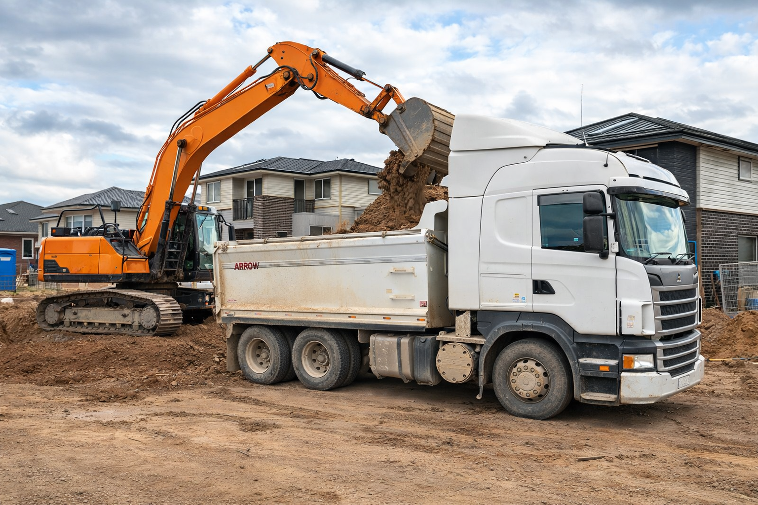 Construction site with an excavator loading dirt into a dump truck in front of residential houses under a cloudy sky.
