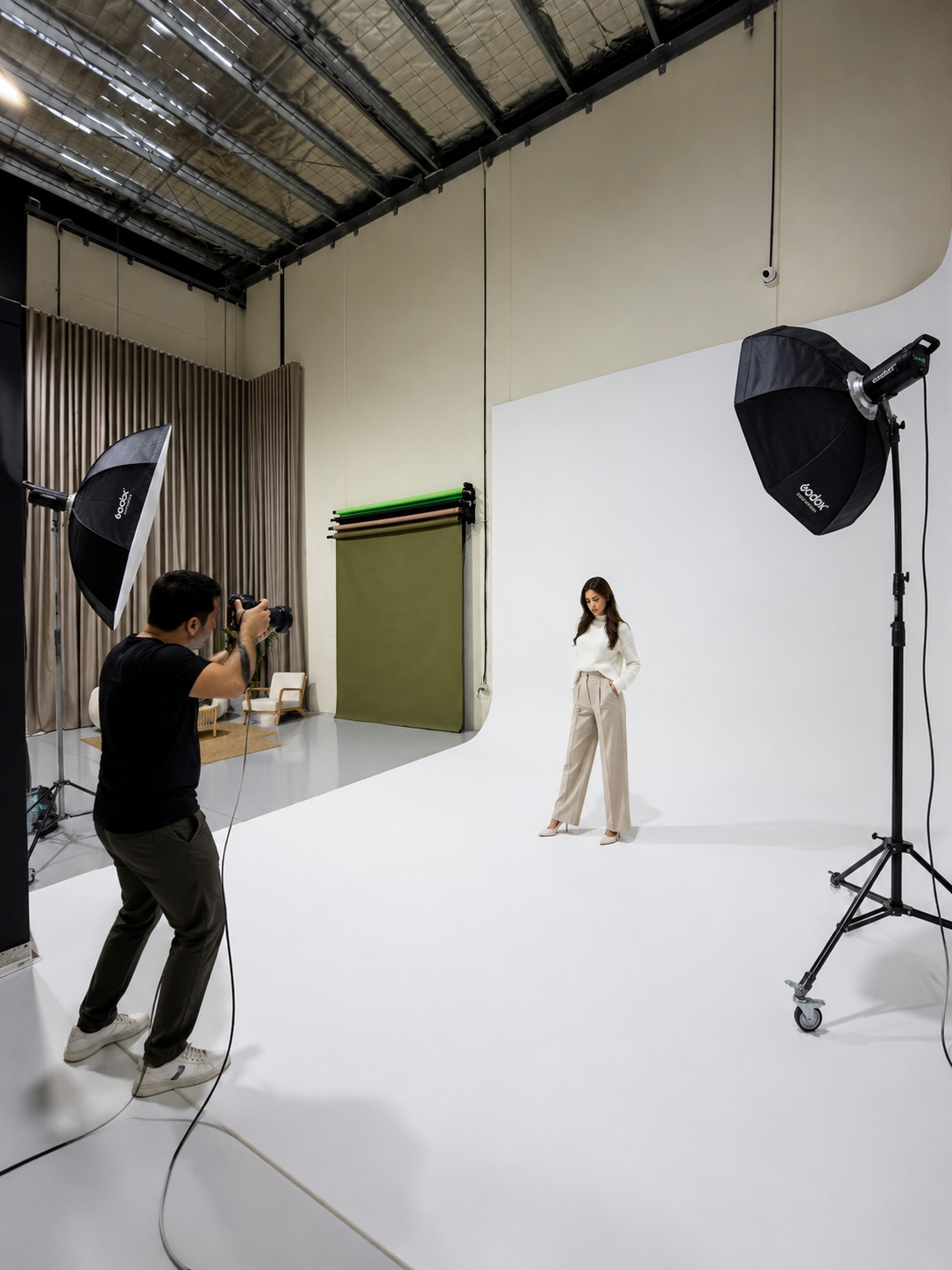 A woman posing in a photography studio with a white backdrop, photographer taking her picture, studio lighting and equipment, and a green backdrop roll in the background.