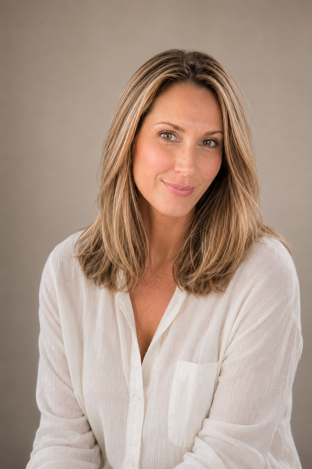 A woman with shoulder-length light brown hair and green eyes, wearing a white button-up shirt, smiling softly against a neutral gray background.