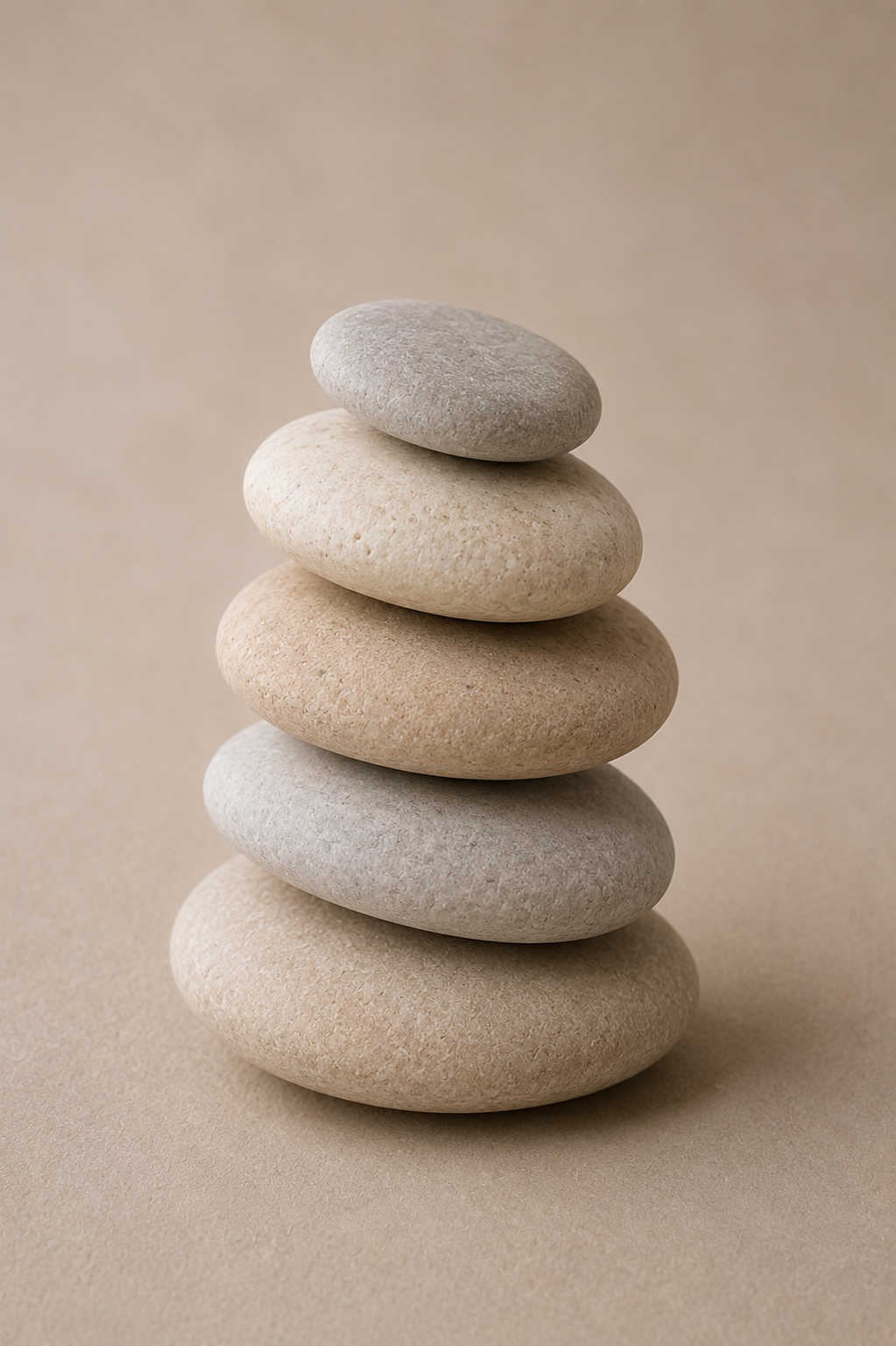 A stack of five smooth, rounded stones in various shades of beige and gray against a beige background.