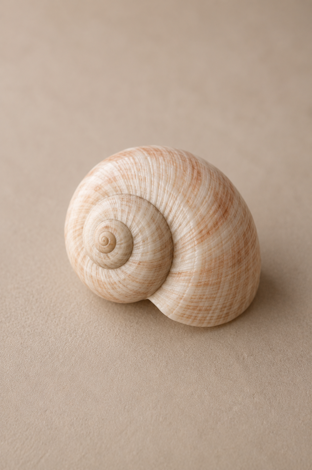 Close-up of a beige and cream spiral seashell on a sandy background.