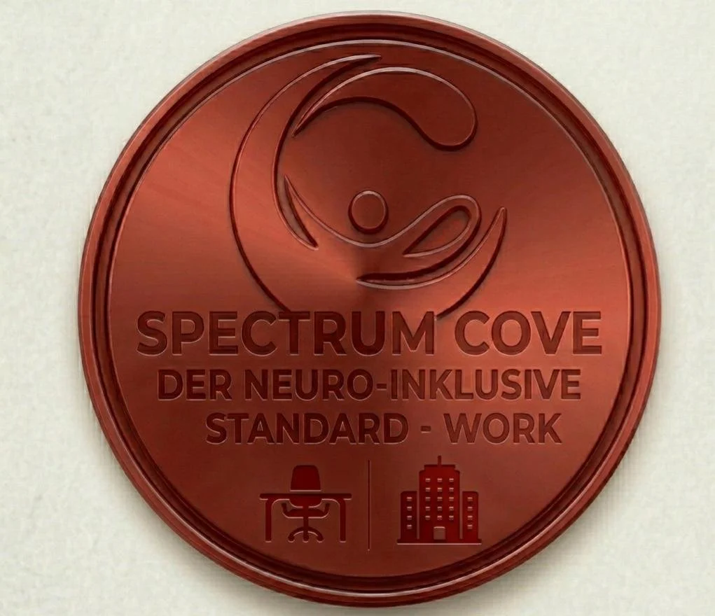 Runder, roter Metallabzeichen mit einem stilisierten lachenden Gesicht und Text: "SPECTRUM COVE DER NEURO-INKLUSIVE STANDARD - WORK". Unten links ein Bürostuhl und ein Gebäudesymbol.