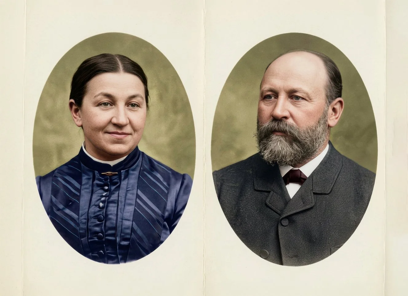 Porträtfotos eines Mannes und einer Frau im klassischen Stil, vermutlich aus einer historischen Fotosammlung, oval umrahmt auf einem beige Hintergrund.