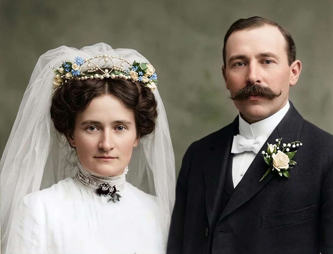 Ein Hochzeitsfoto eines Paares in formeller Kleidung. Die Frau trägt ein weißes Hochzeitskleid mit einem Blumenkranz auf dem Kopf und einem Schleier, während der Mann einen schwarzen Anzug mit Fliege und Boutonnière trägt.