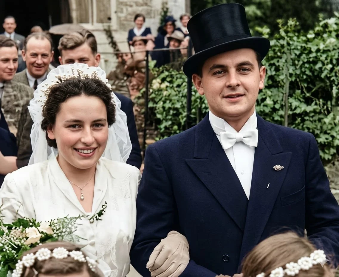 Hochzeitspaar im historischen Stil, der Bräutigam trägt einen Anzug mit Zylinder, die Braut trägt ein altes Hochzeitskleid mit Schleier, umgeben von Hochzeitsgästen im Garten.