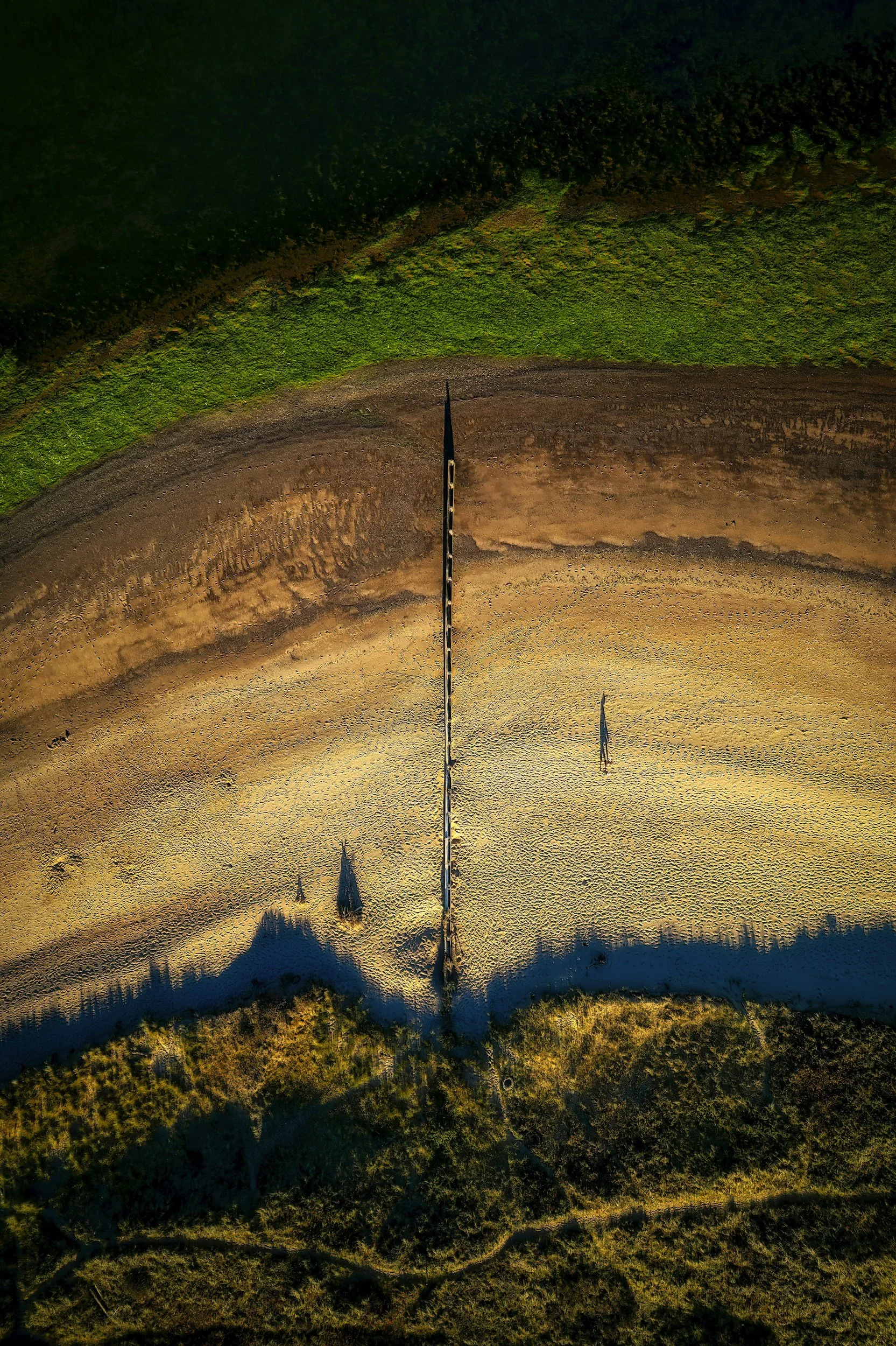 Aerial view of a landscape with a winding river, grassy fields, and patches of trees, with long shadows cast by the setting or rising sun.