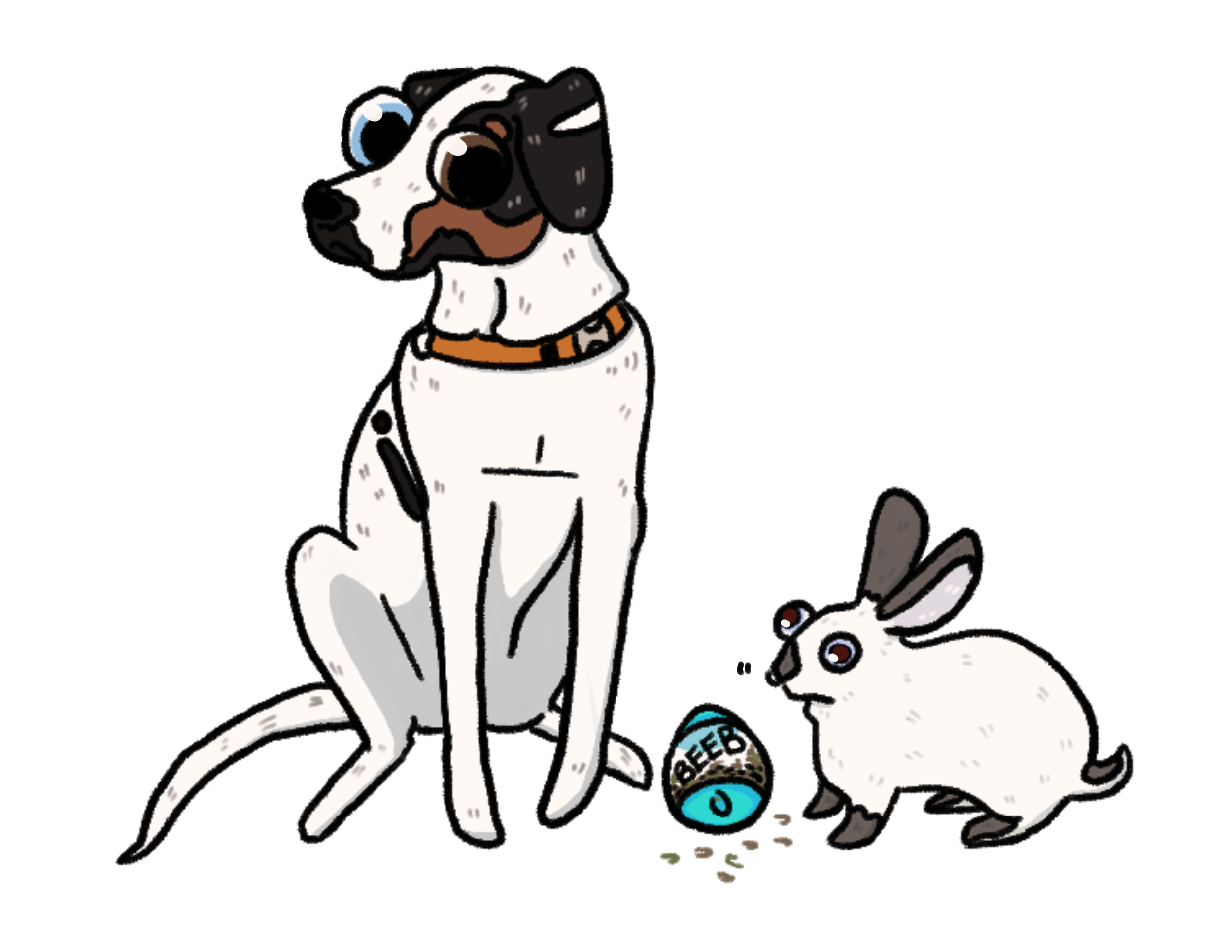 Cartoon illustration of a dog with large eyes, sitting with a sad expression, and a rabbit with big eyes, standing next to a container labeled "BEEB" with crumbs around them.