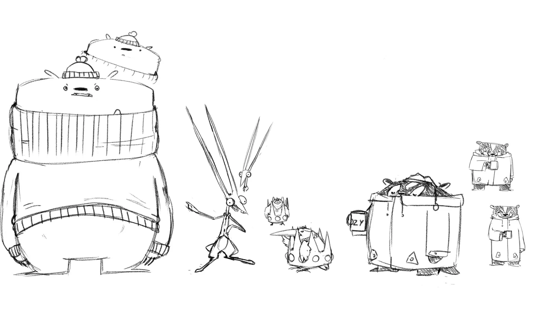 A later pass with some characters that were cut for time. Bear still has some evidence of being a sun bear and Hare's iconic shape is beginning to reveal itself