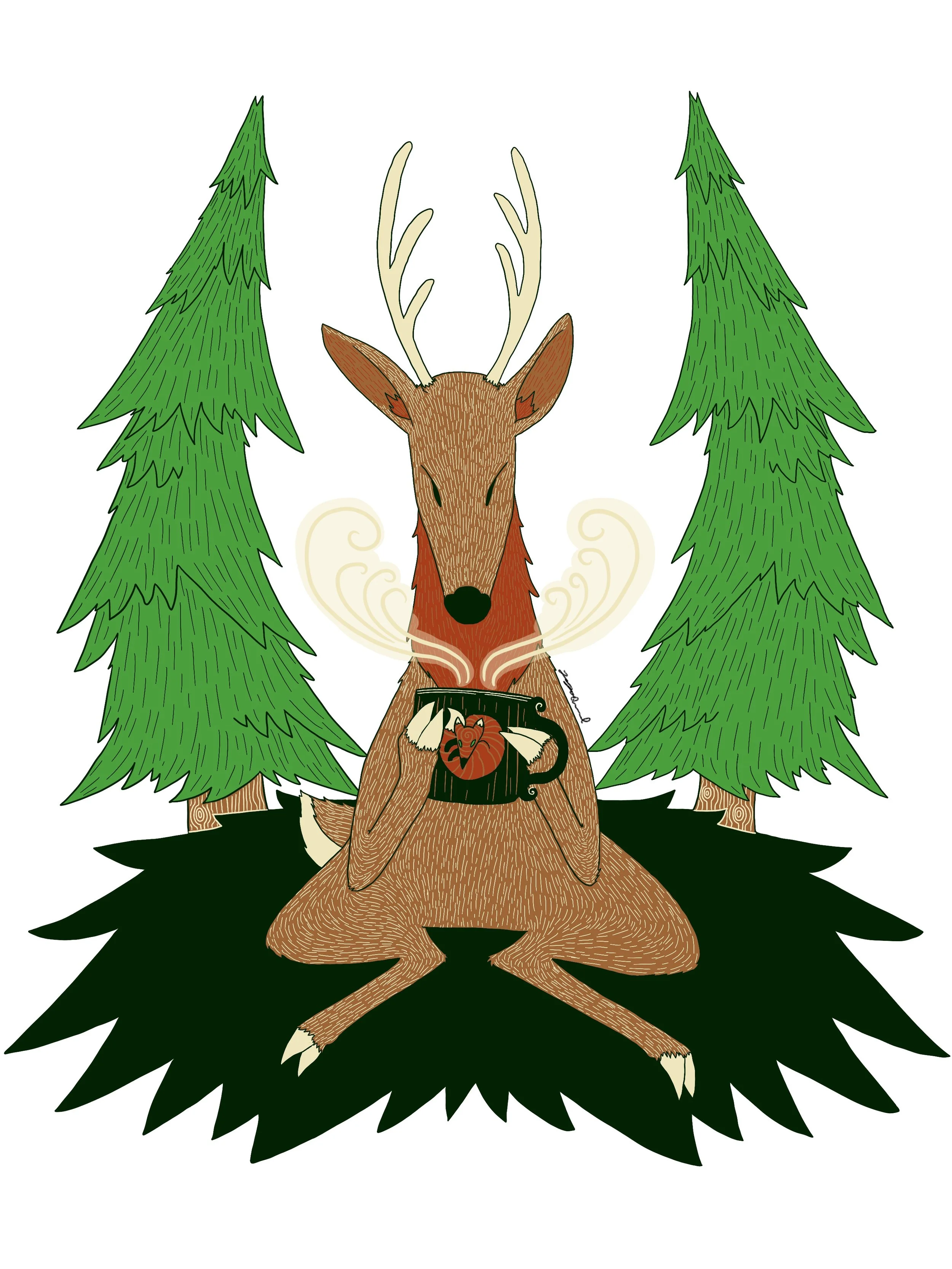 A cartoon deer sitting on a black rug, holding a steaming mug with a heart and apple design, surrounded by two green pine trees.