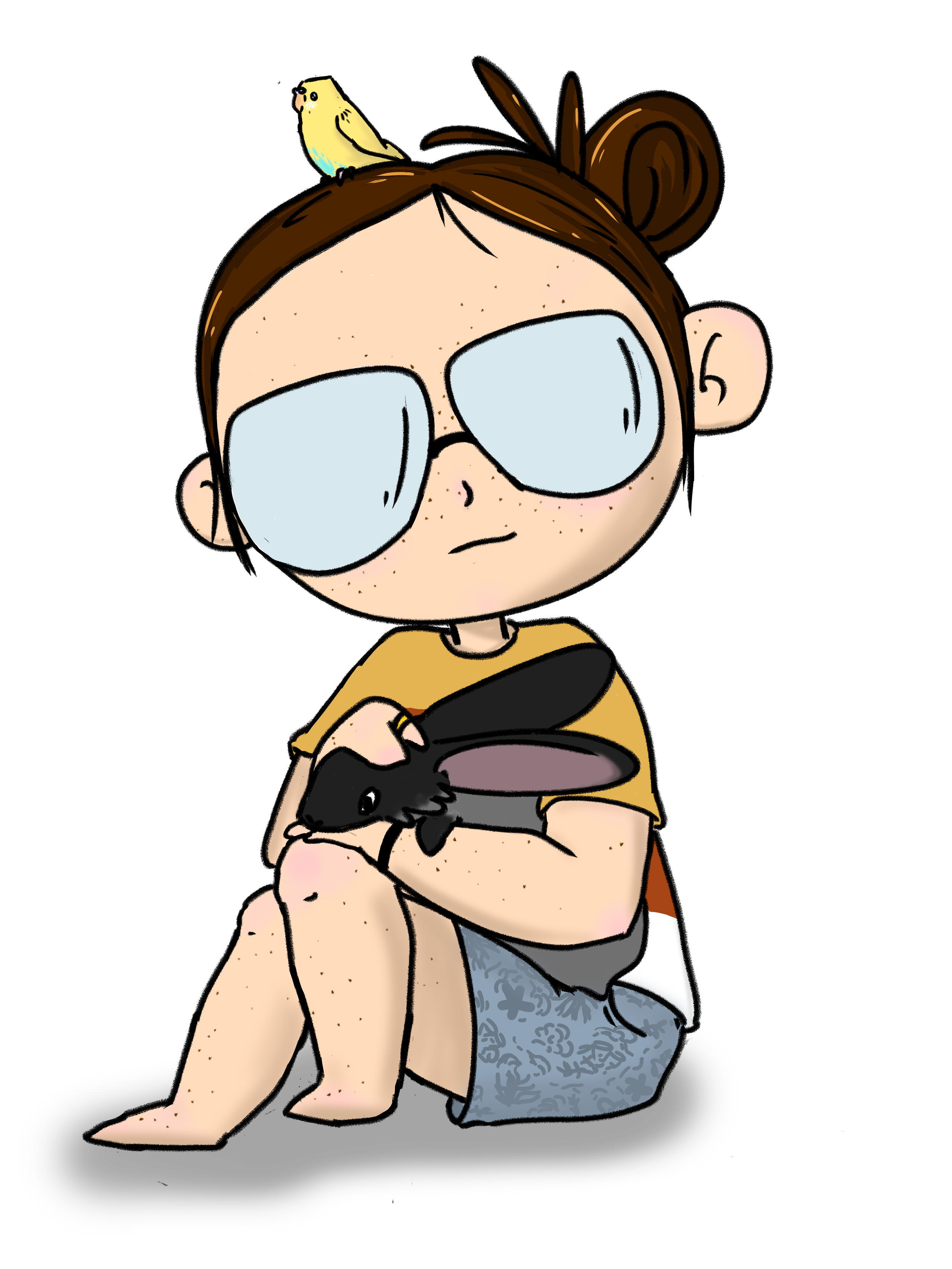 A cartoon girl with glasses, freckles, and her hair tied up, sitting and holding a black rabbit while a yellow budgie sits on her head.