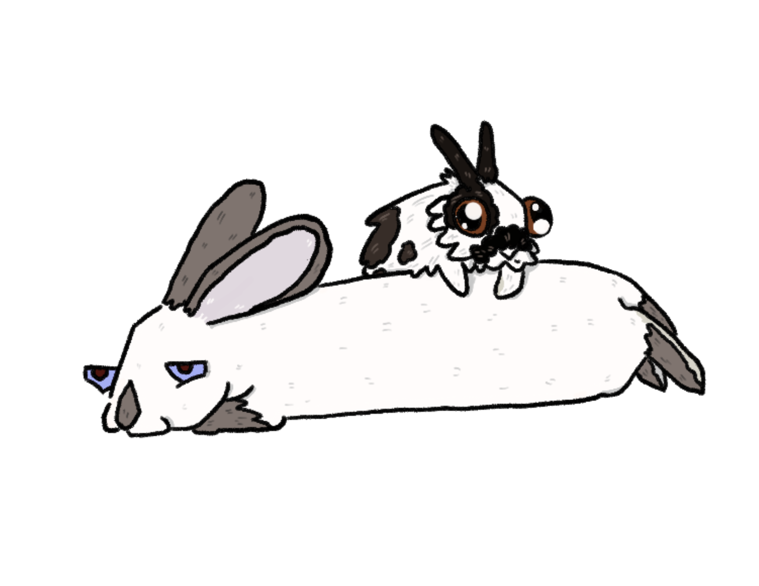 Illustration of a rabbit lying down with a small, cartoonish rabbit sitting on its back. The rabbit has big eyes, with a curious expression.