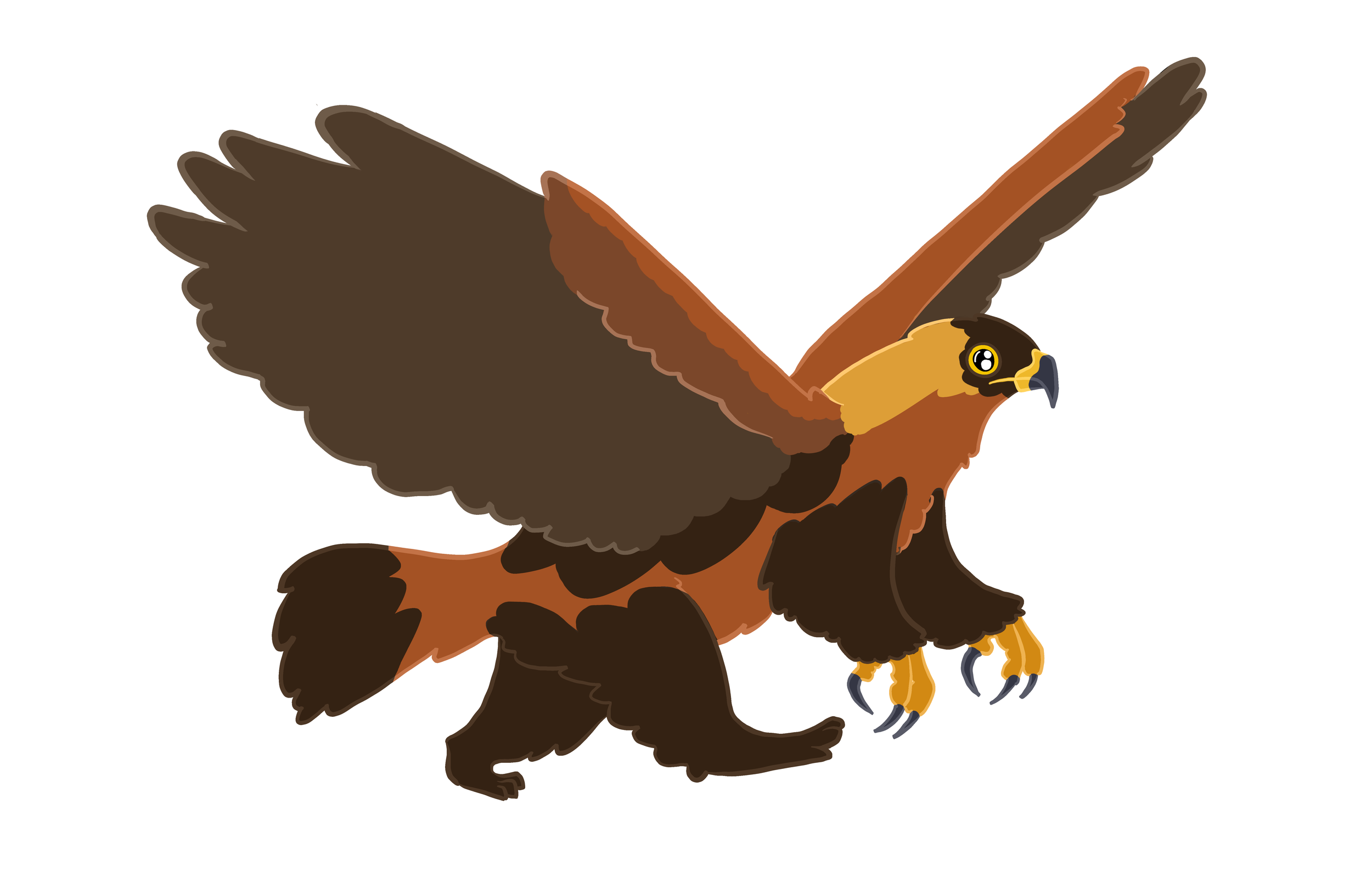 Illustration of a majestic gryphon with outstretched wings, featuring brown feathers, a yellow beak, and yellow-tipped claws.
