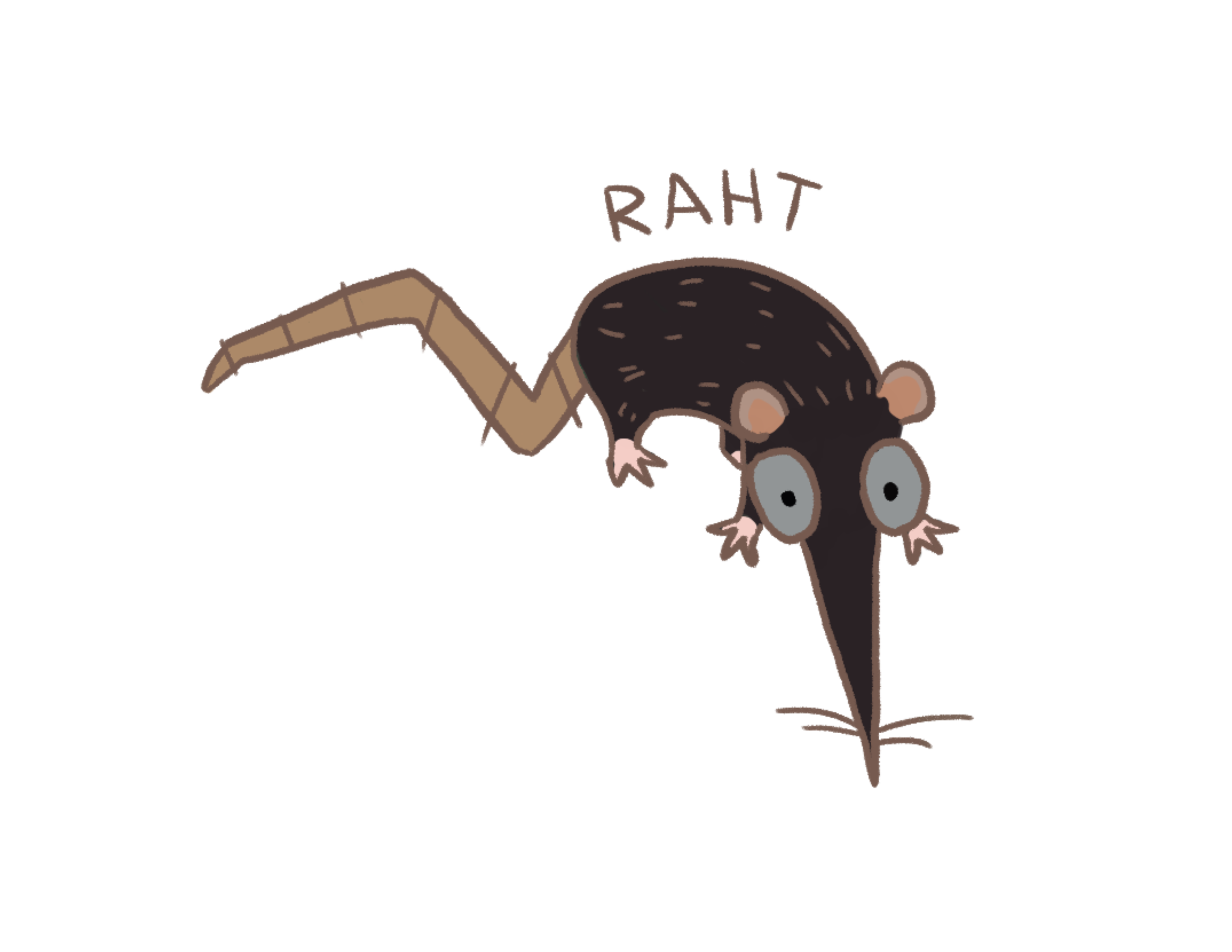 A cartoon rat with large eyes and a long tail, the word 'RAHT' written above its head.