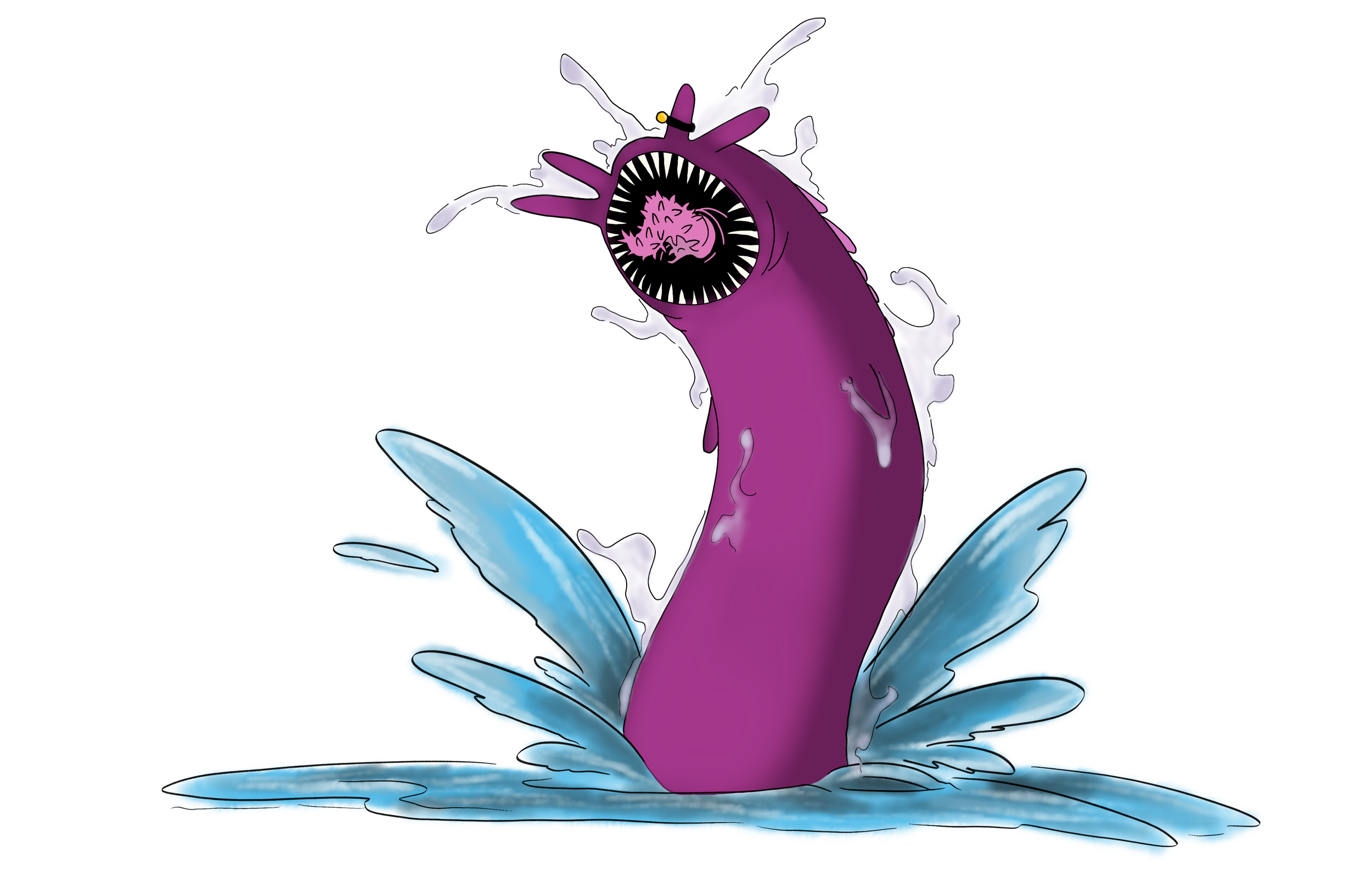 A cartoon-style creature with a large, purple, eel-like body and a wide, circular mouth filled with jagged teeth. The creature appears to be emerging from water, with splashes around it.