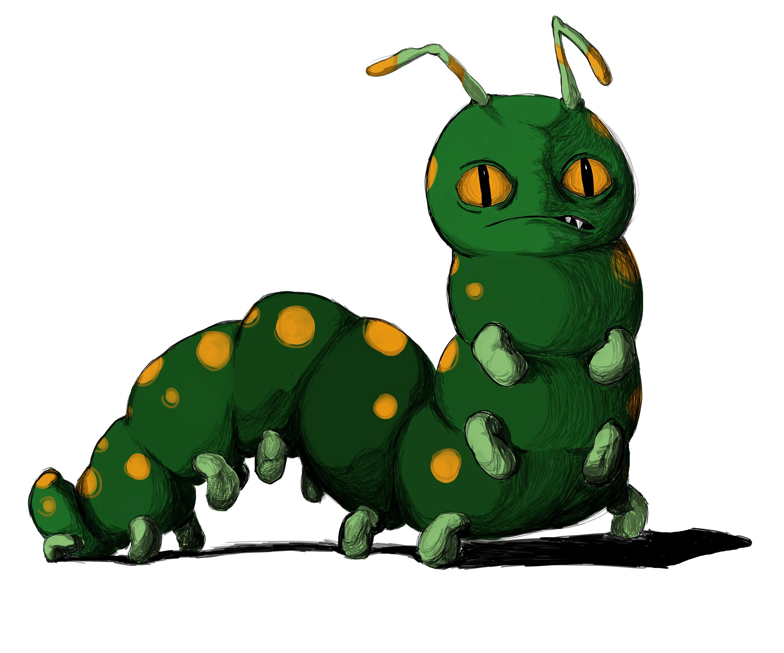 Illustration of a caterpillar with a cartoonish appearance, green body with orange spots, yellow eyes, and tiny fangs, sitting on a white background.