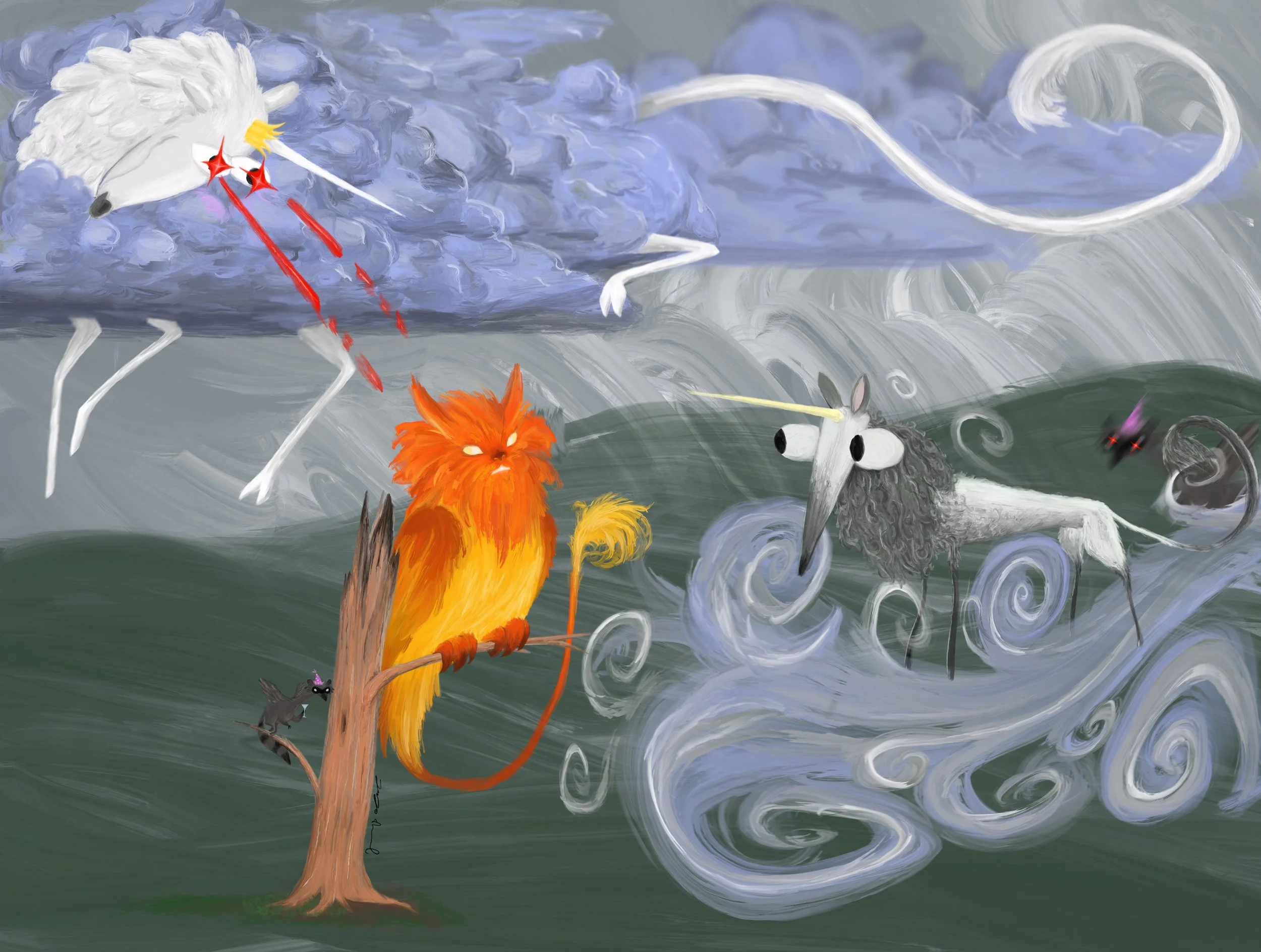 A surreal illustration of a white unicorn with laser eyes targeting a fiery orange gryphon perched on a tree, a gray unicorn with a yellow horn floating on smoke clouds, and a raccoon creature flying nearby amidst swirling clouds and misty landscape.